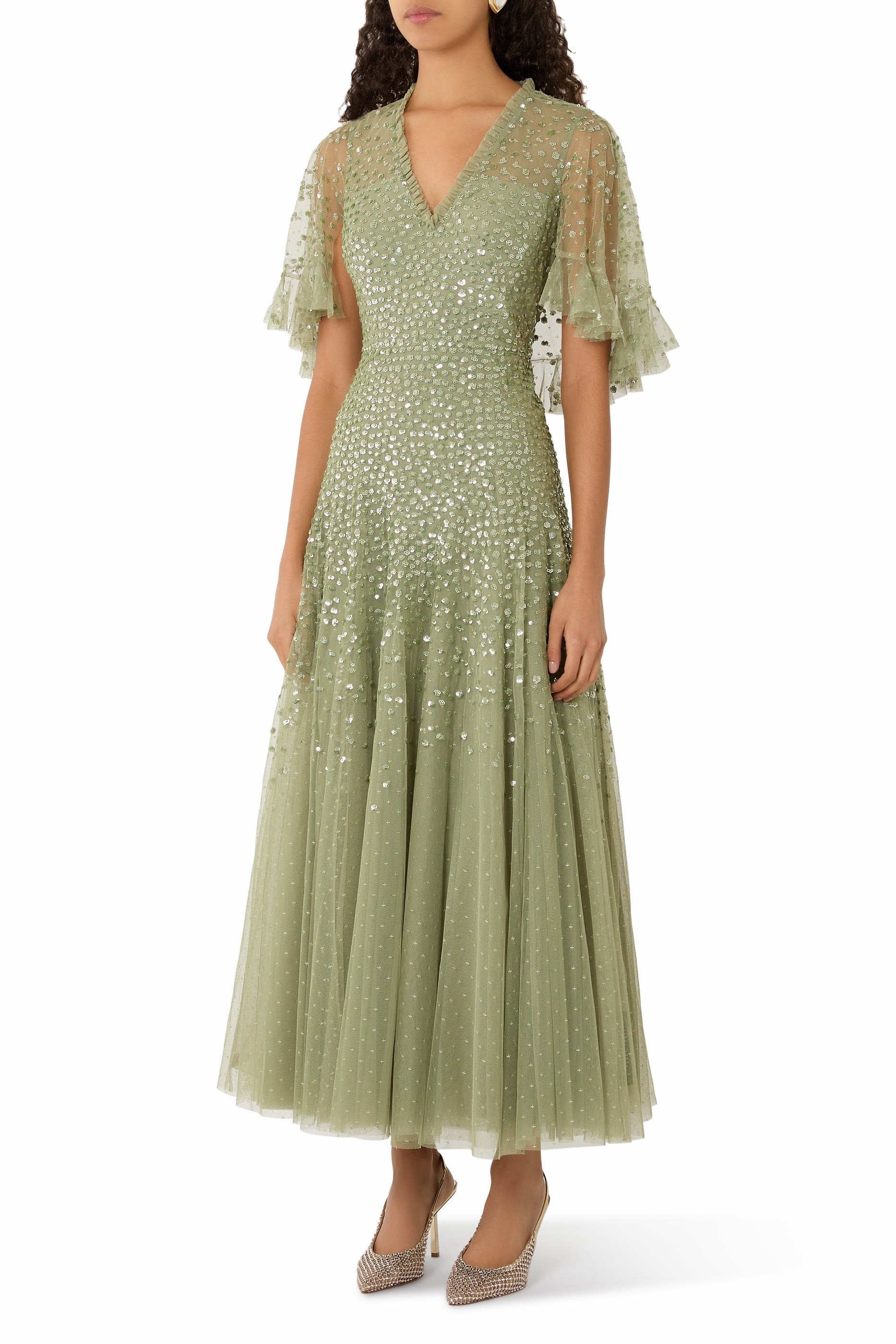 Dappled Sequin Cape Ankle Gown