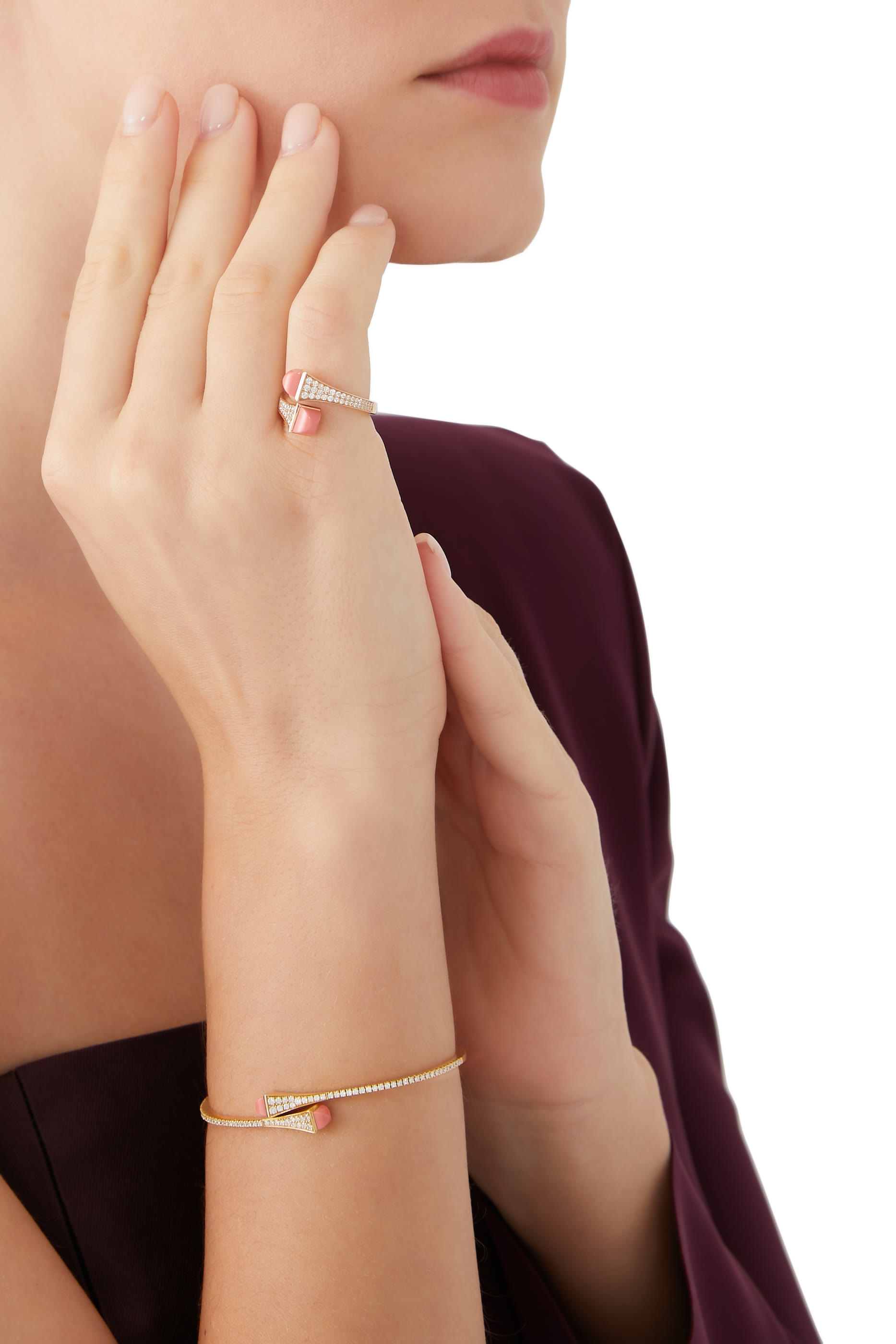 Cleo Diamond Midi Ring, 18k Pink Gold with Pink Coral & Diamonds