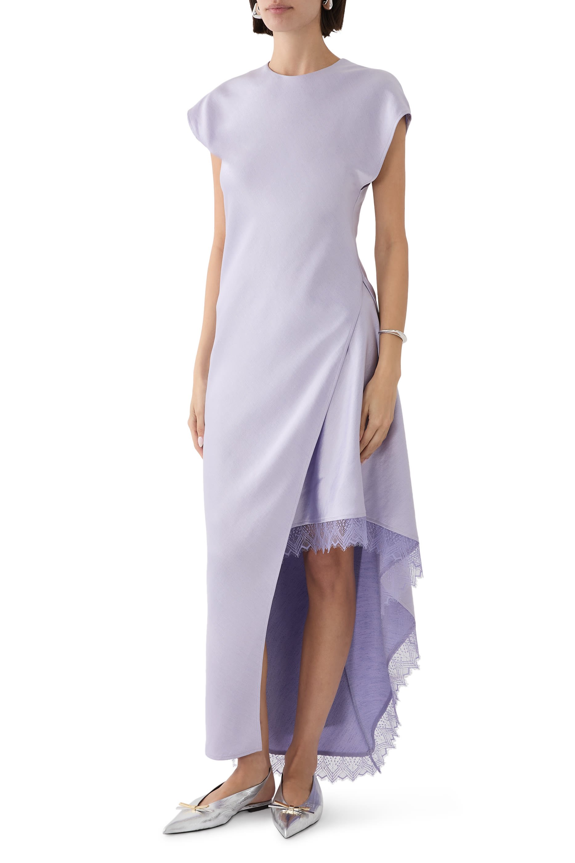 Asymmetric Lace-Trimmed Satin Maxi Dress