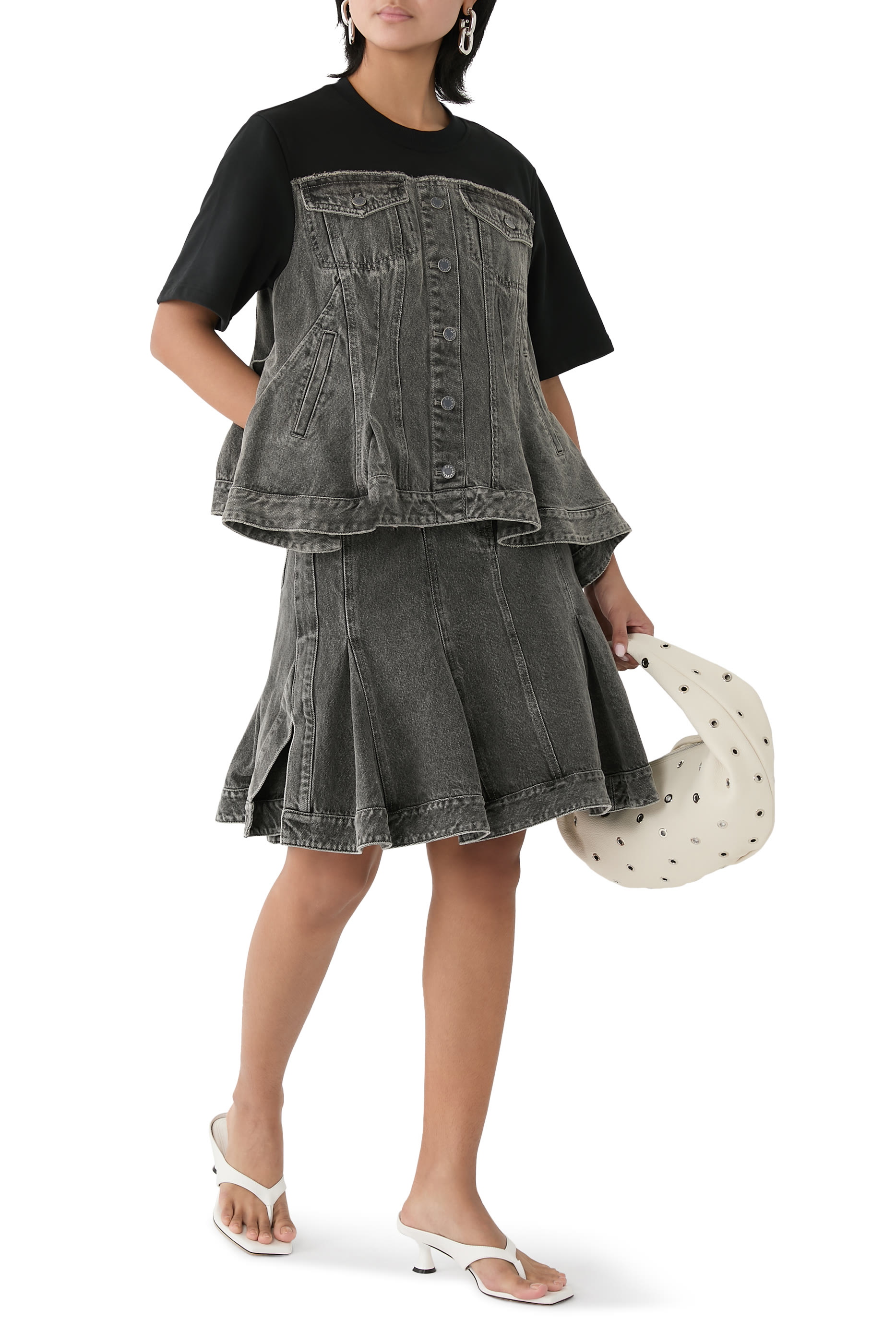 Flounce Hem Belted Denim Skirt