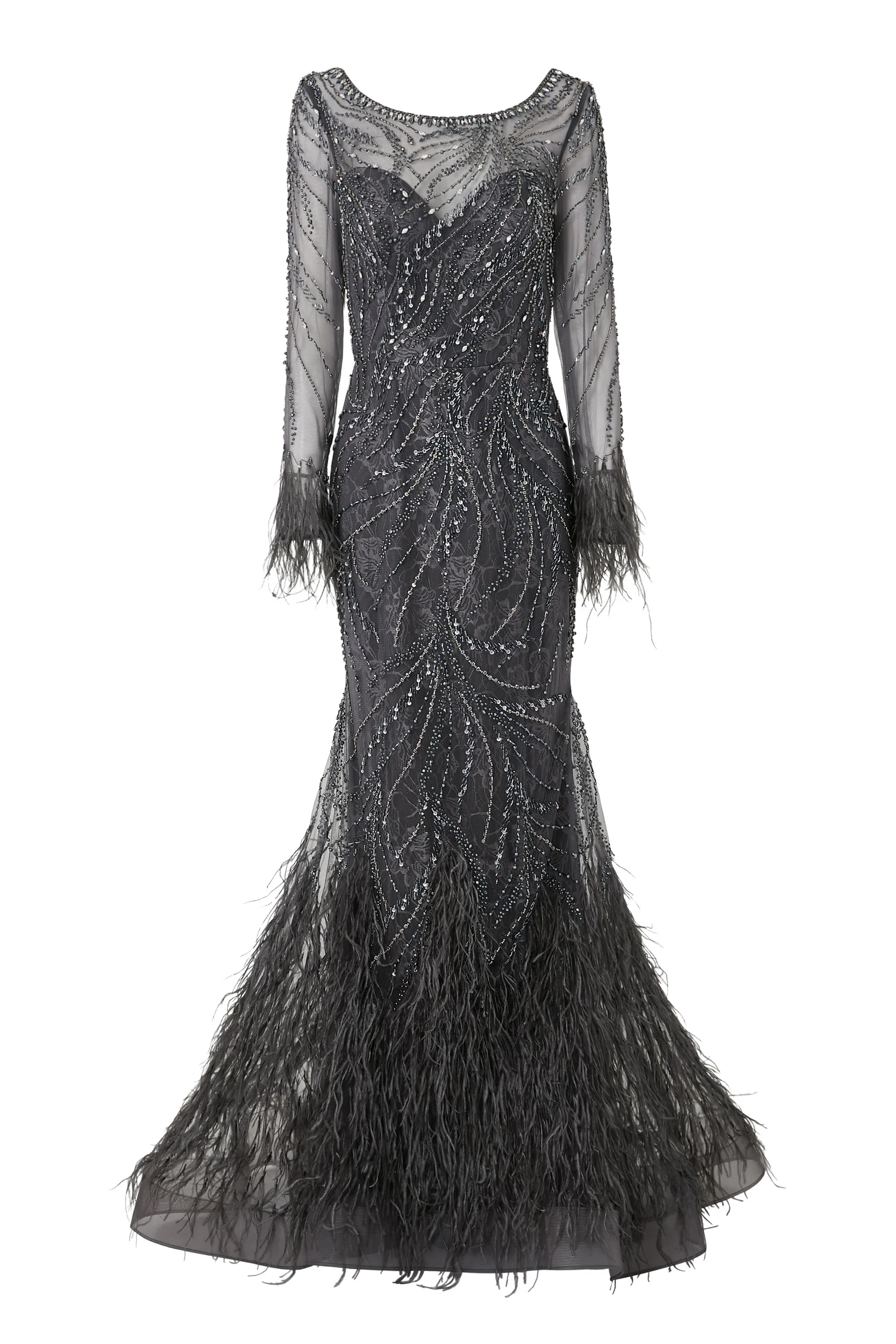 Embellished Long Sleeves Gown with Feathered Accents