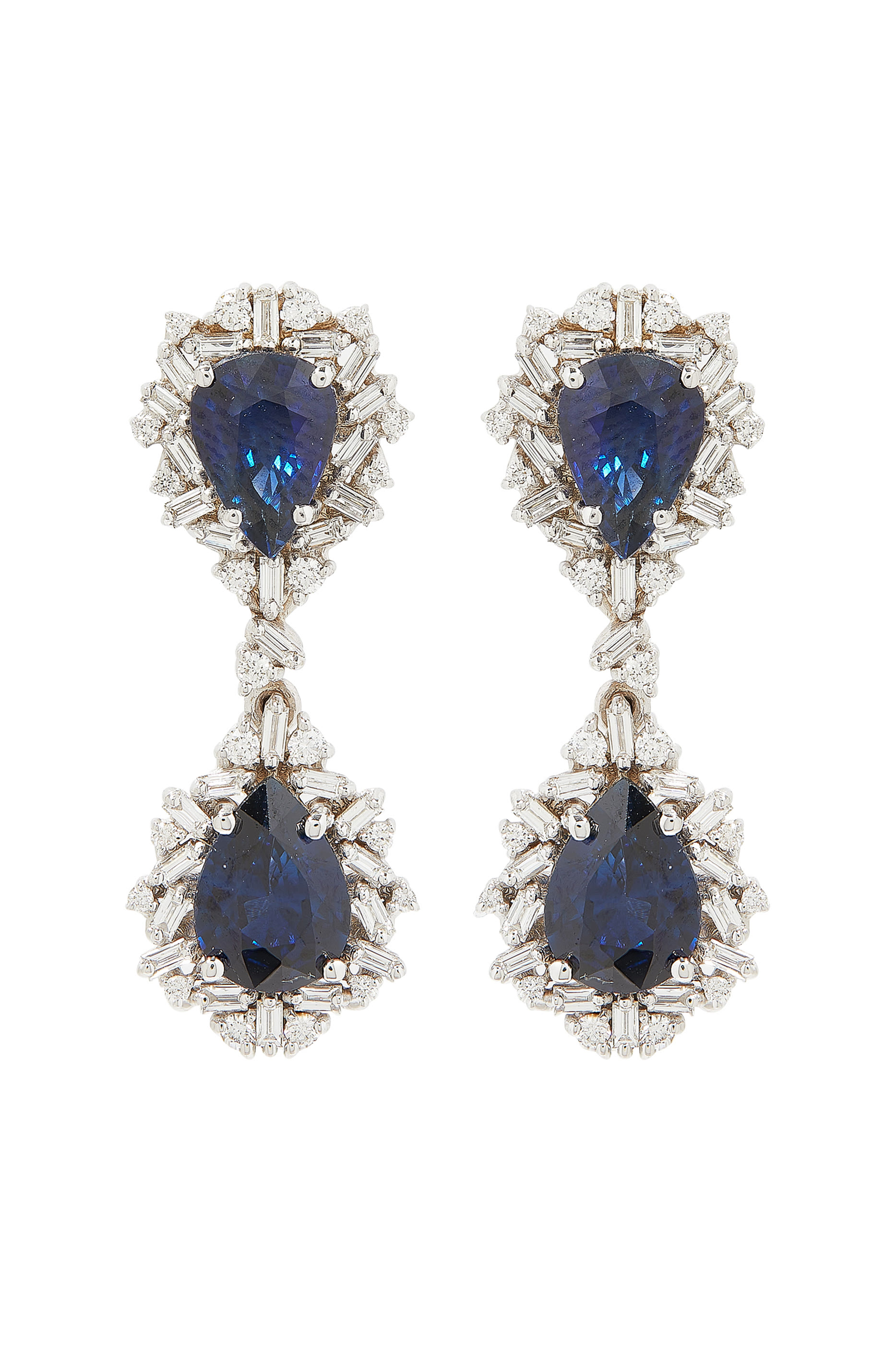 Baguette Drop Earrings, 18k White Gold with Sapphire and Diamonds