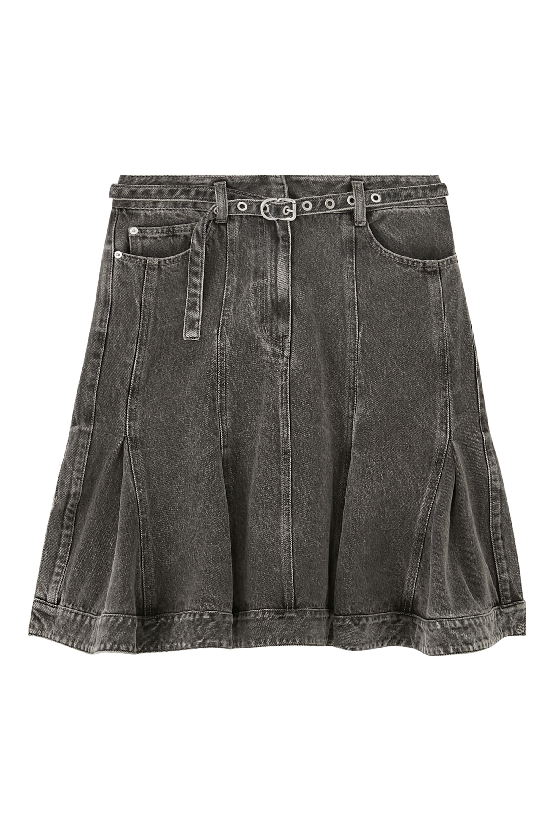 Flounce Hem Belted Denim Skirt