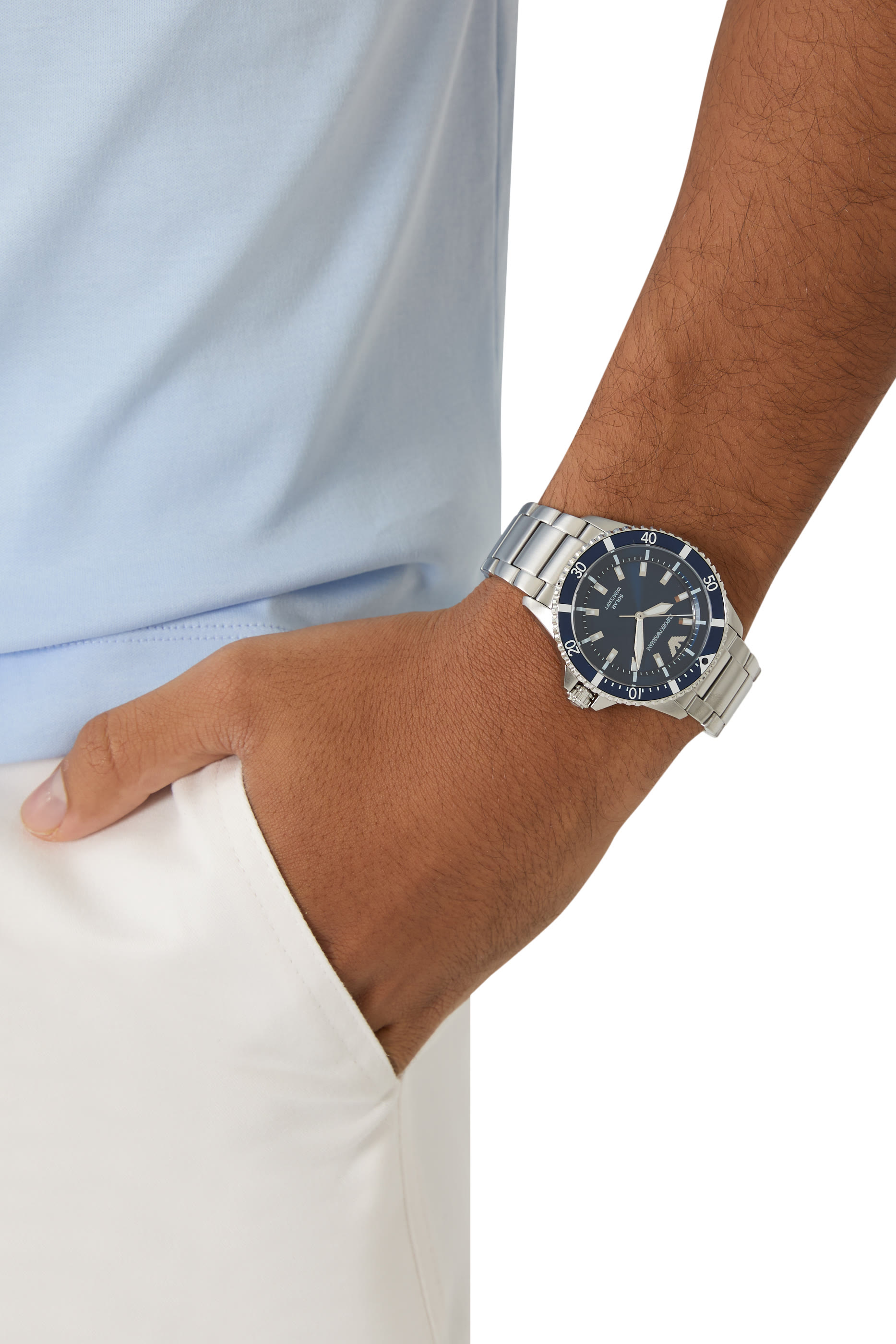  World Explorer Solar-Powered Three-Hand Stainless Steel Watch 