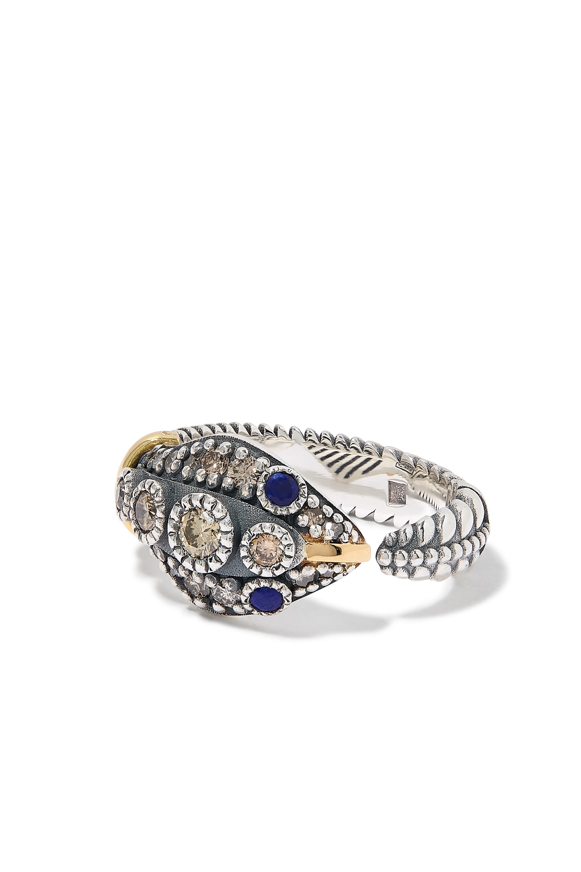  Guardian Snake Ring, 18K Yellow Gold with Sterling Silver, Lapis & Diamonds