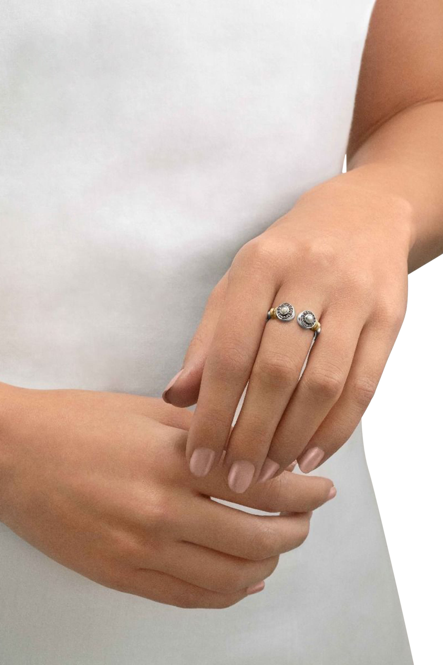 Twisted Wirework Pearl Ring, 18K Yellow Gold with Sterling Silver, Pearls & Diamonds