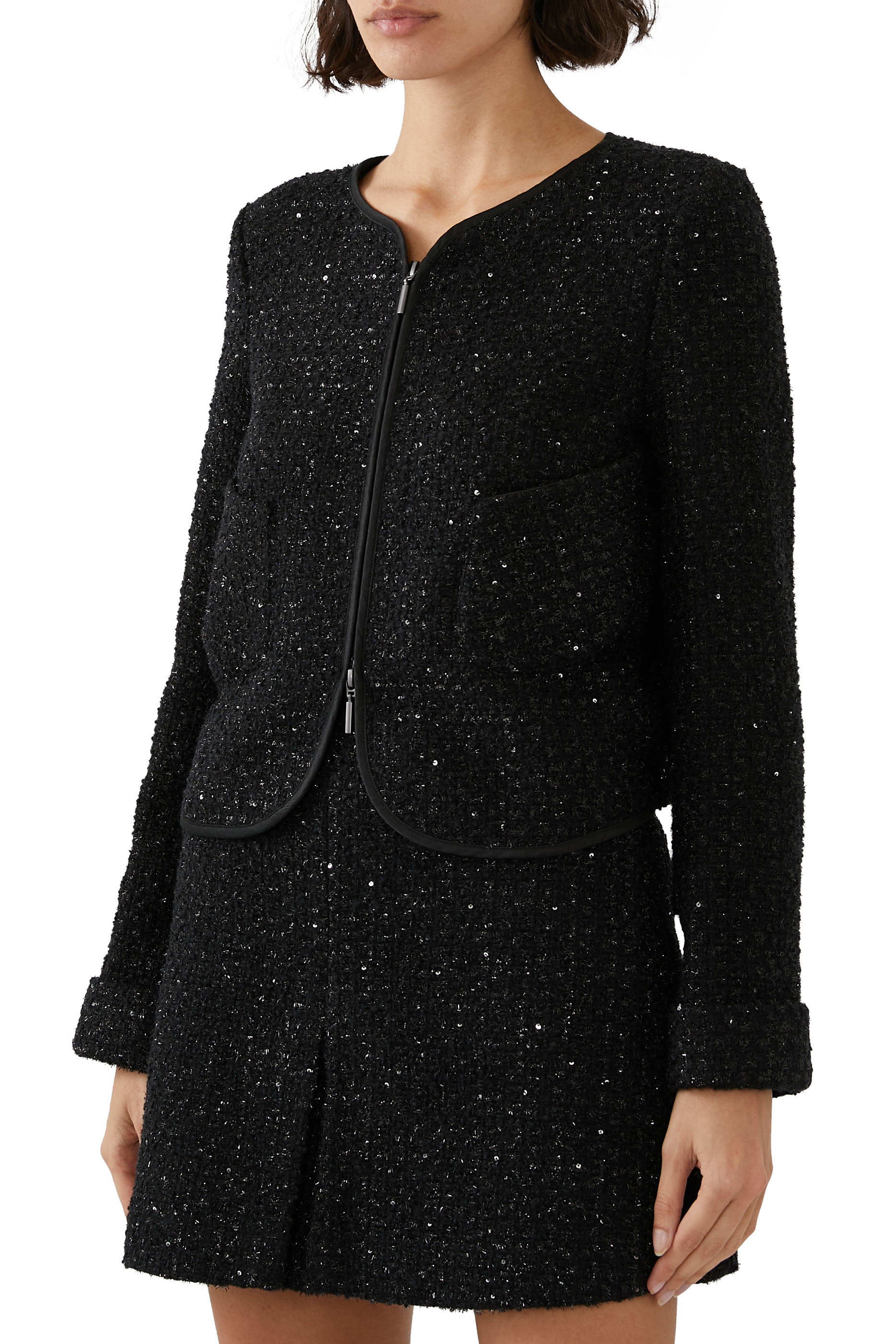 Lurex Tweed Zip-Up Jacket with  Micro Sequins