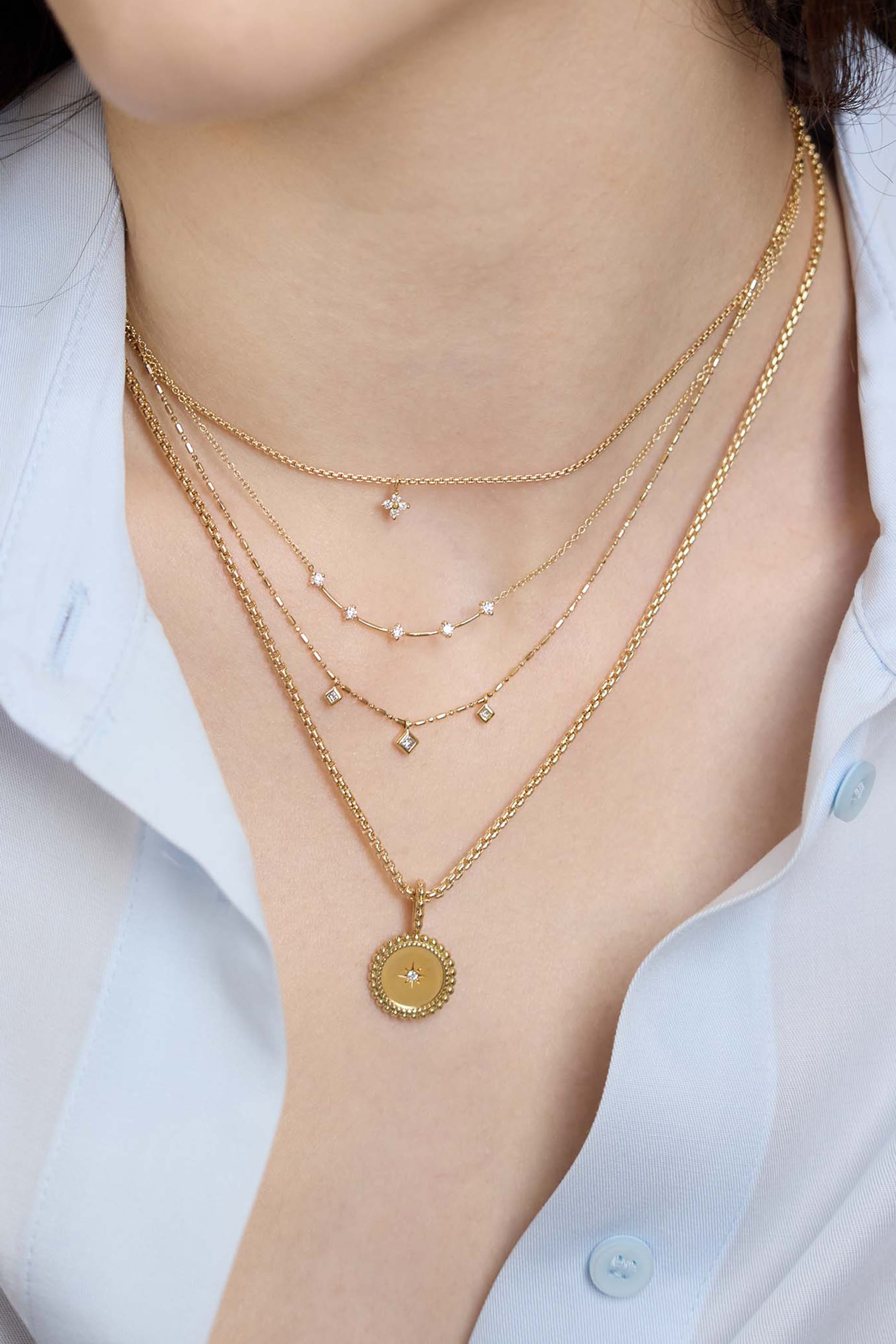  Small Prong Pendant Necklace, 14K Gold & Diamonds