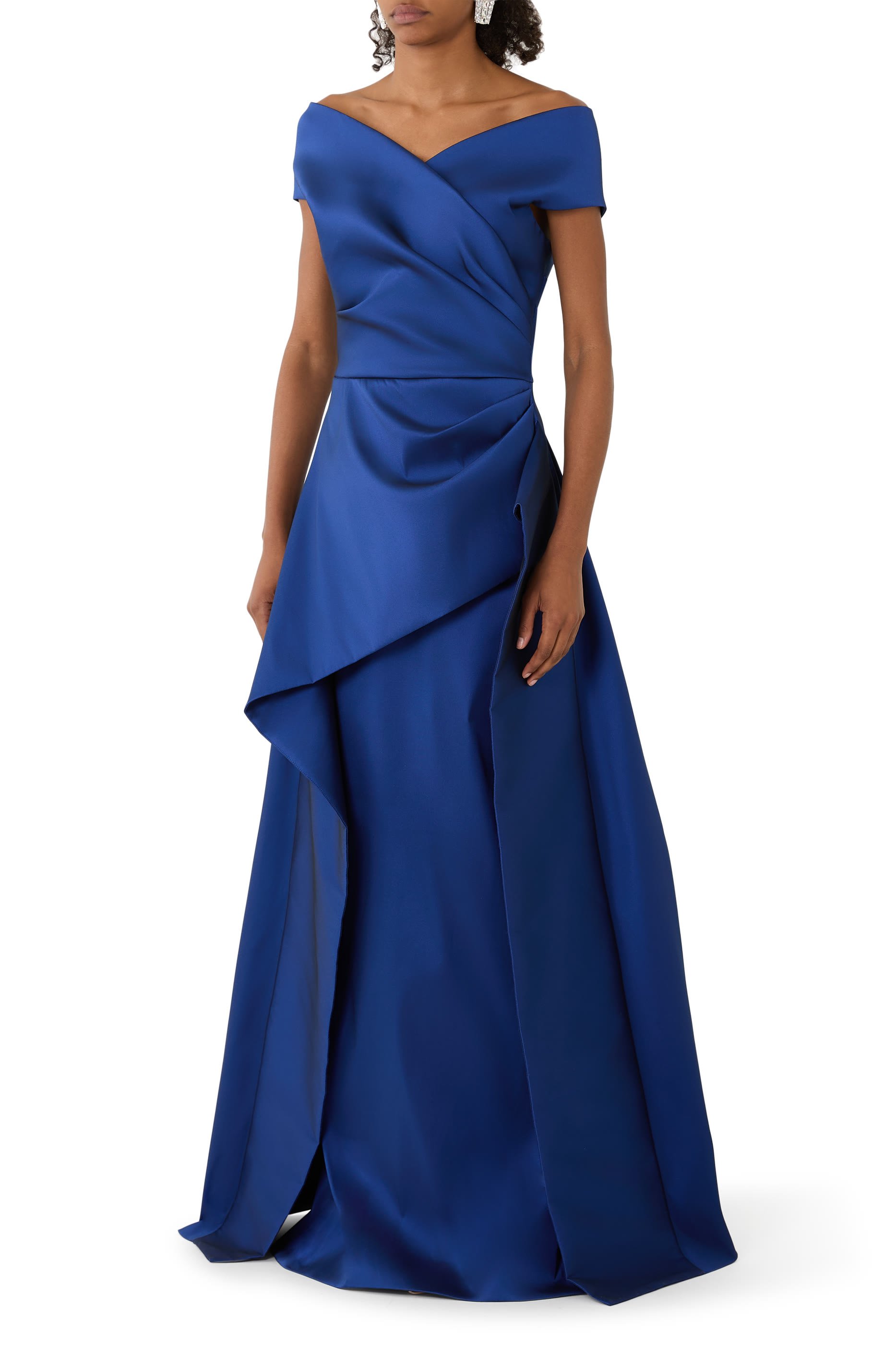 Off-The-Shoulder Mikado Satin Peplum Gown