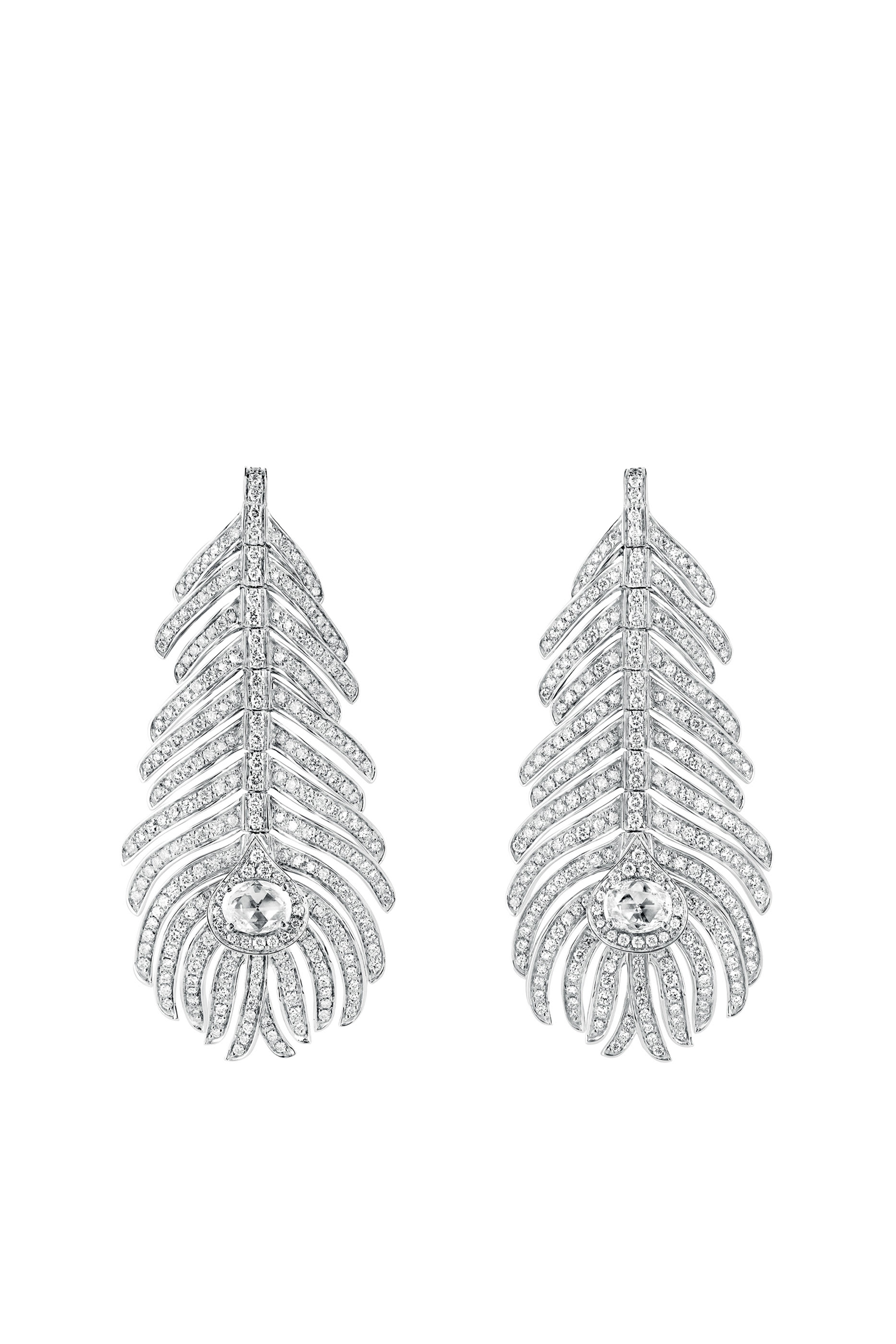 Plume De Paon Pendant Earrings, 18k White Gold & Diamonds