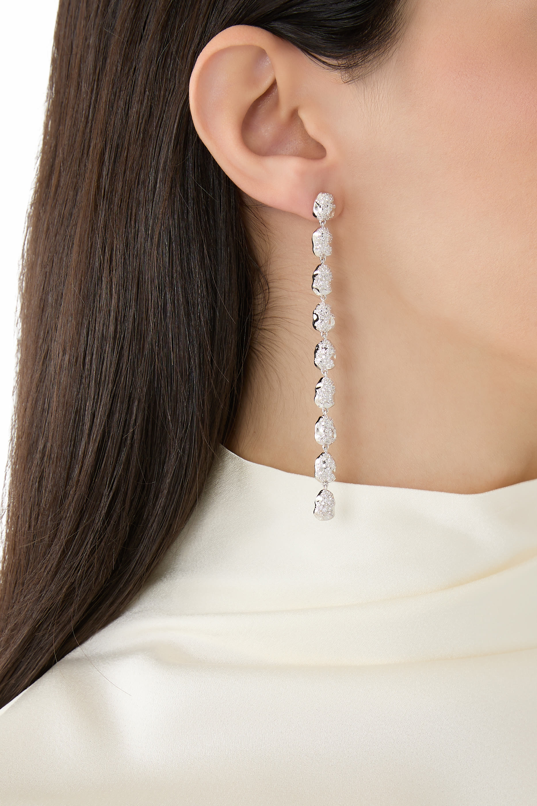 Eva Long Earrings, Sterling Silver & Crystals