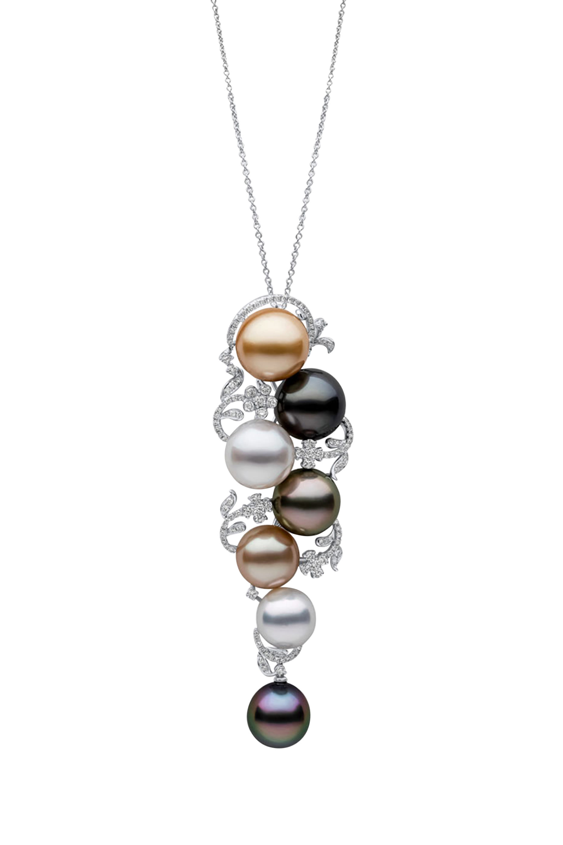 Duchess Pendant Necklace, 18K White Gold with Diamonds & Tahitian, South Sea and Golden Pearls