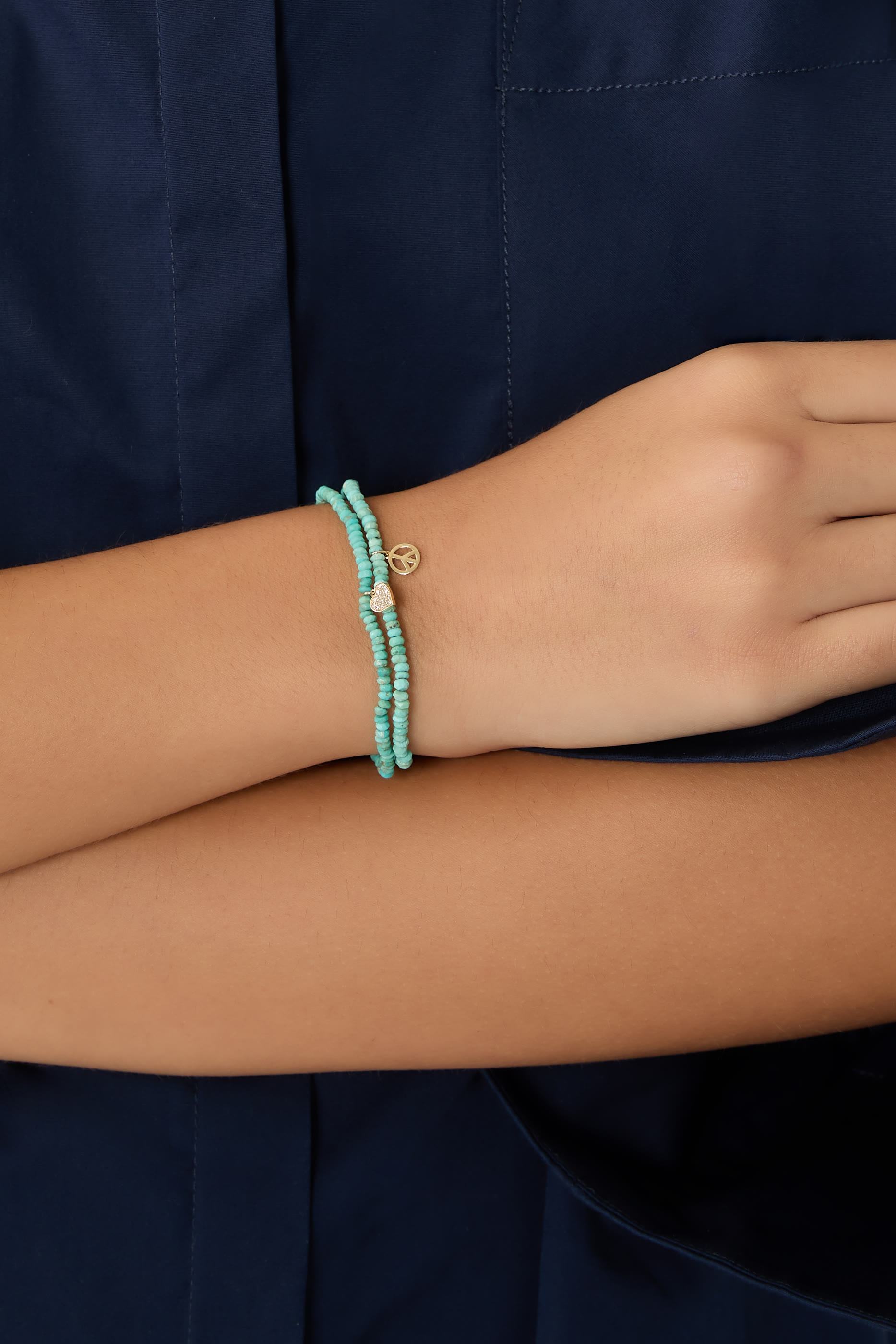 Tiny Peace Sign Charm Beaded Bracelet, 14k Yellow Gold & Turquoise, Diamonds