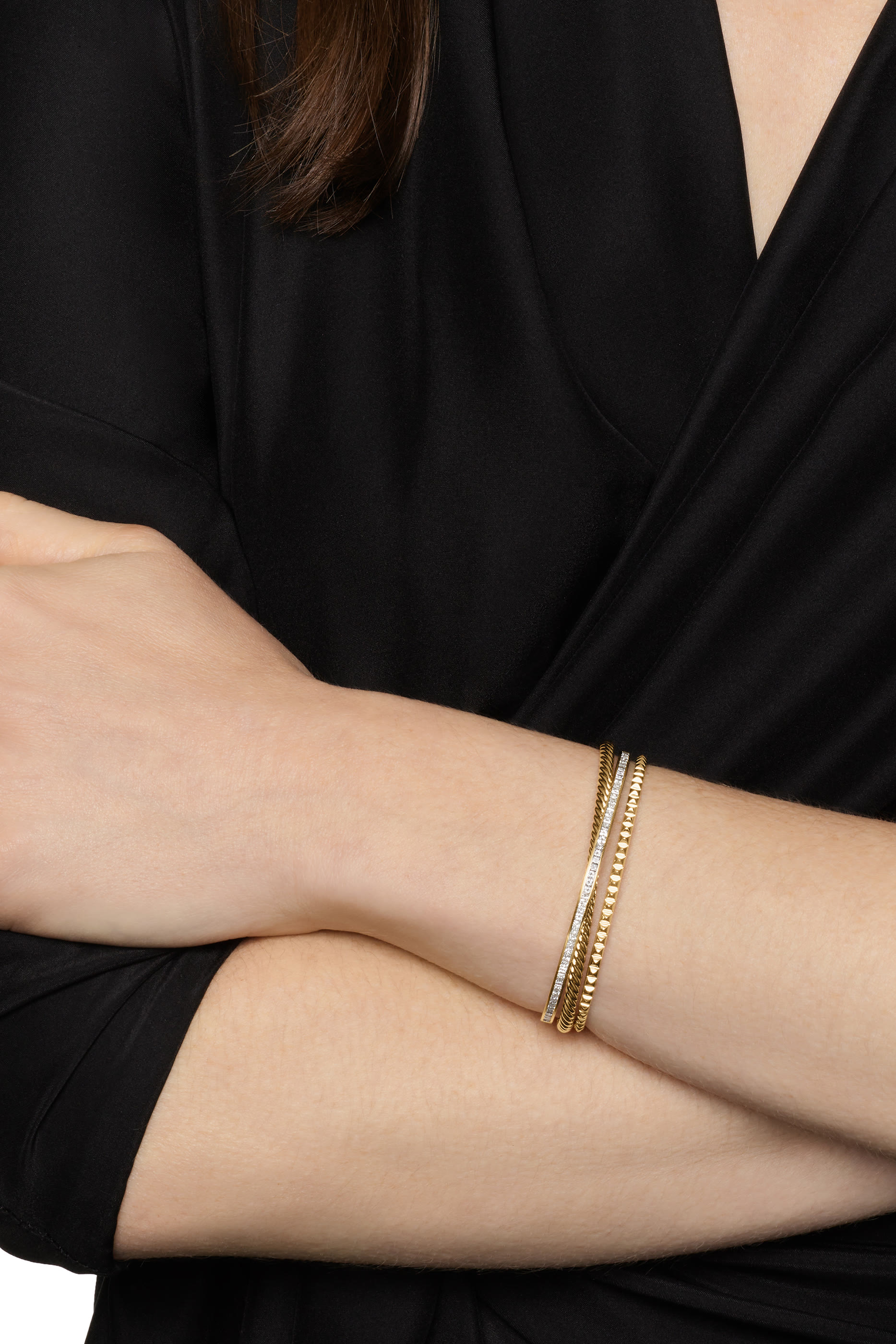 Crossover Trio Three Row Cuff Bracelet,  18K Yellow Gold & Diamonds