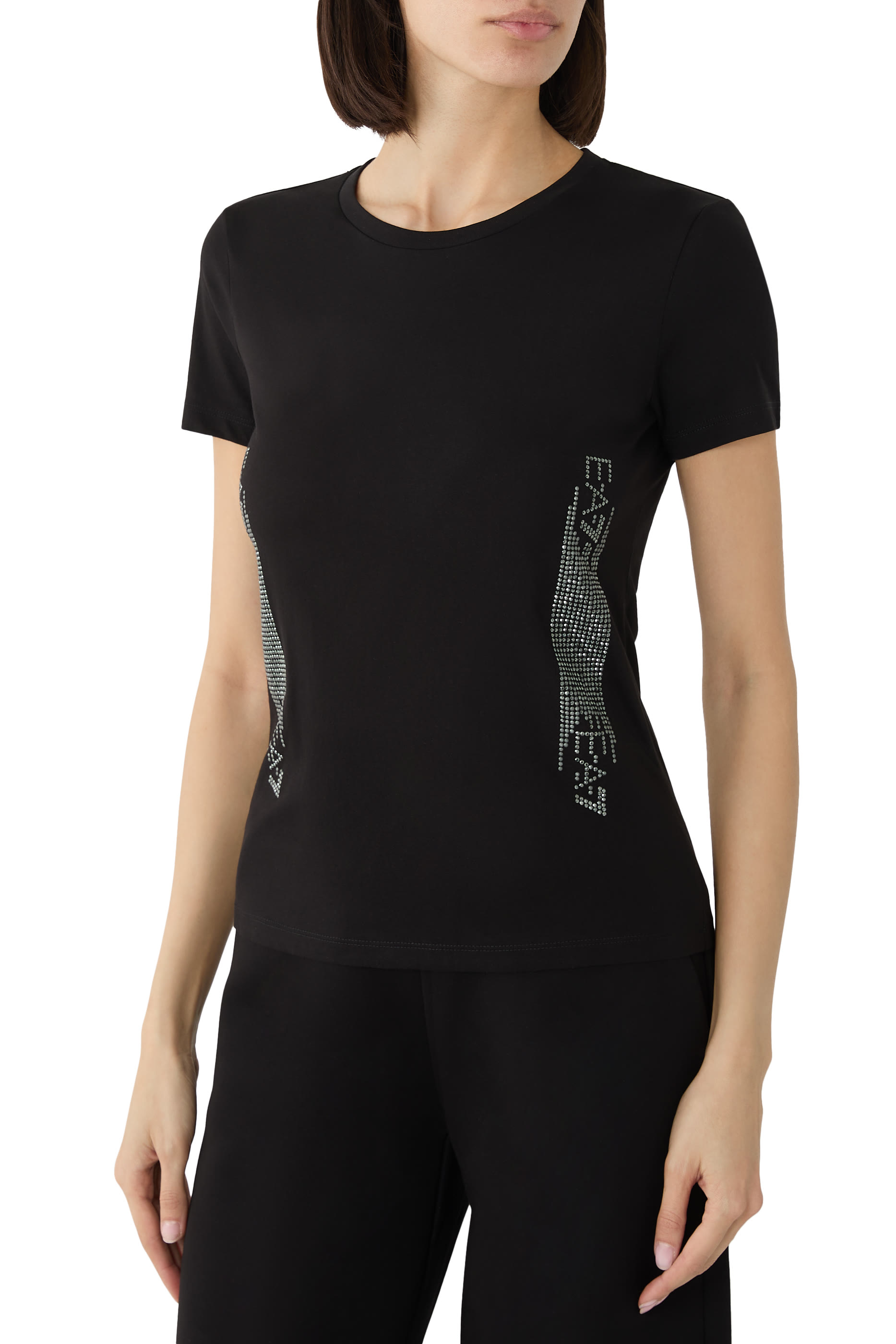 Rhinestone Embellished Logo Cotton T-Shirt