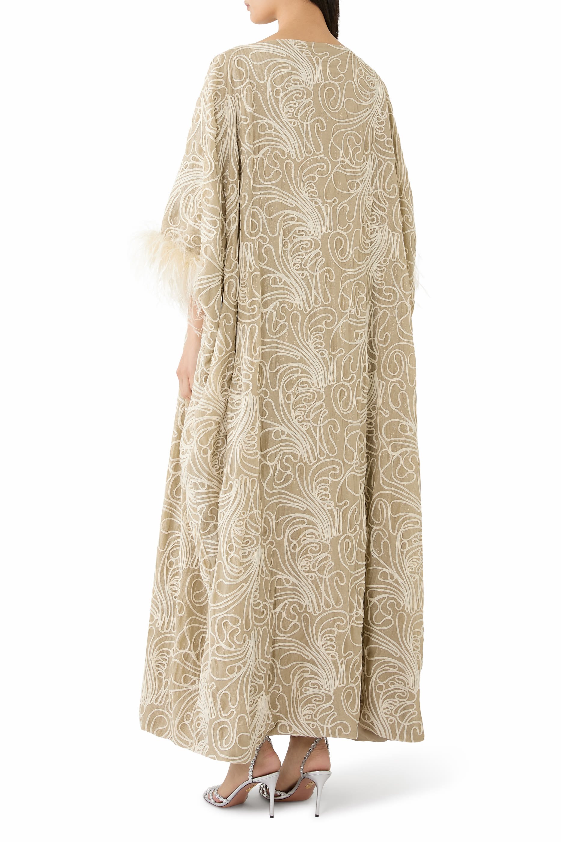 Abstract Embroidery Cocoon Dress with Feathers