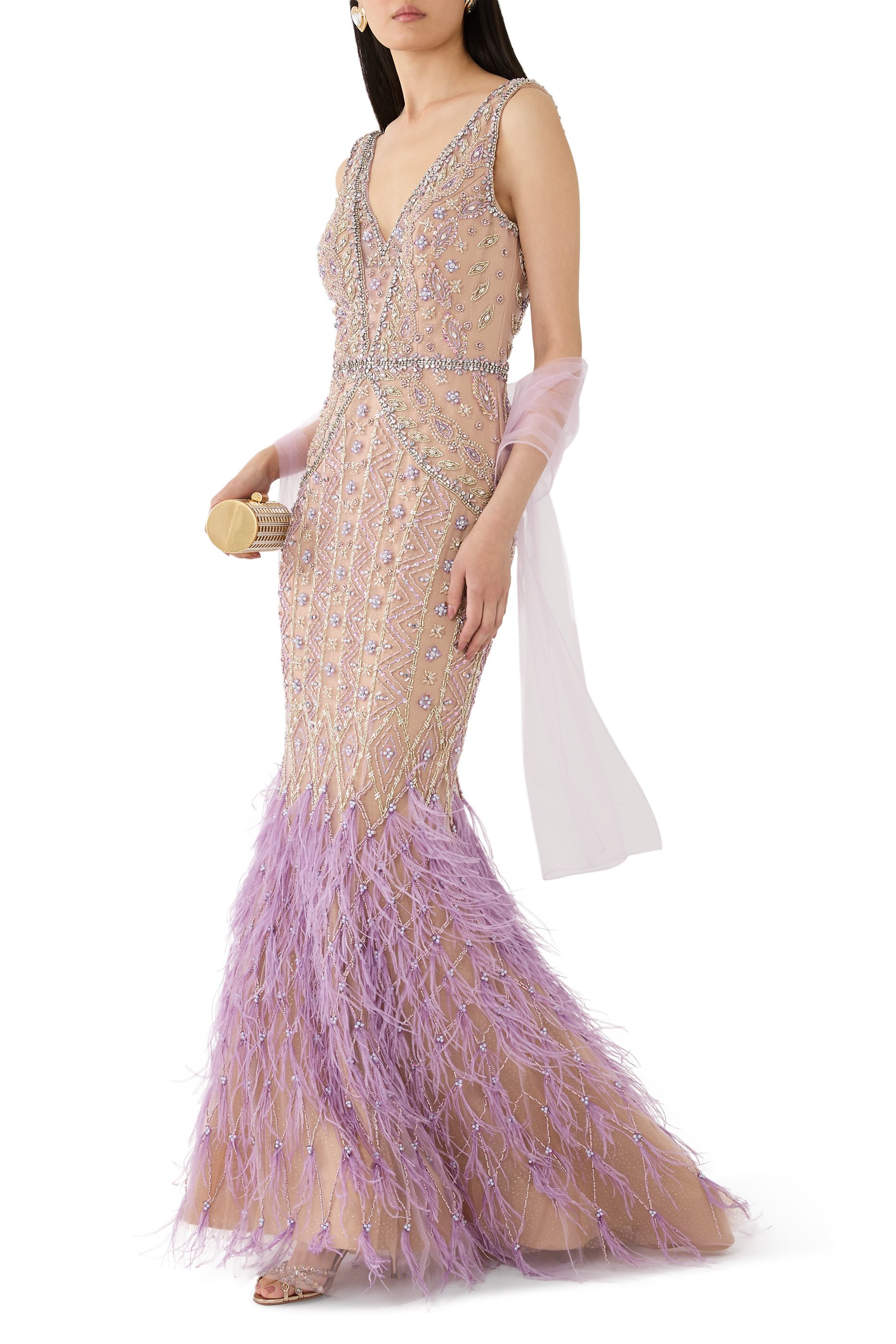 Feather Trim Embellished Evening Dress