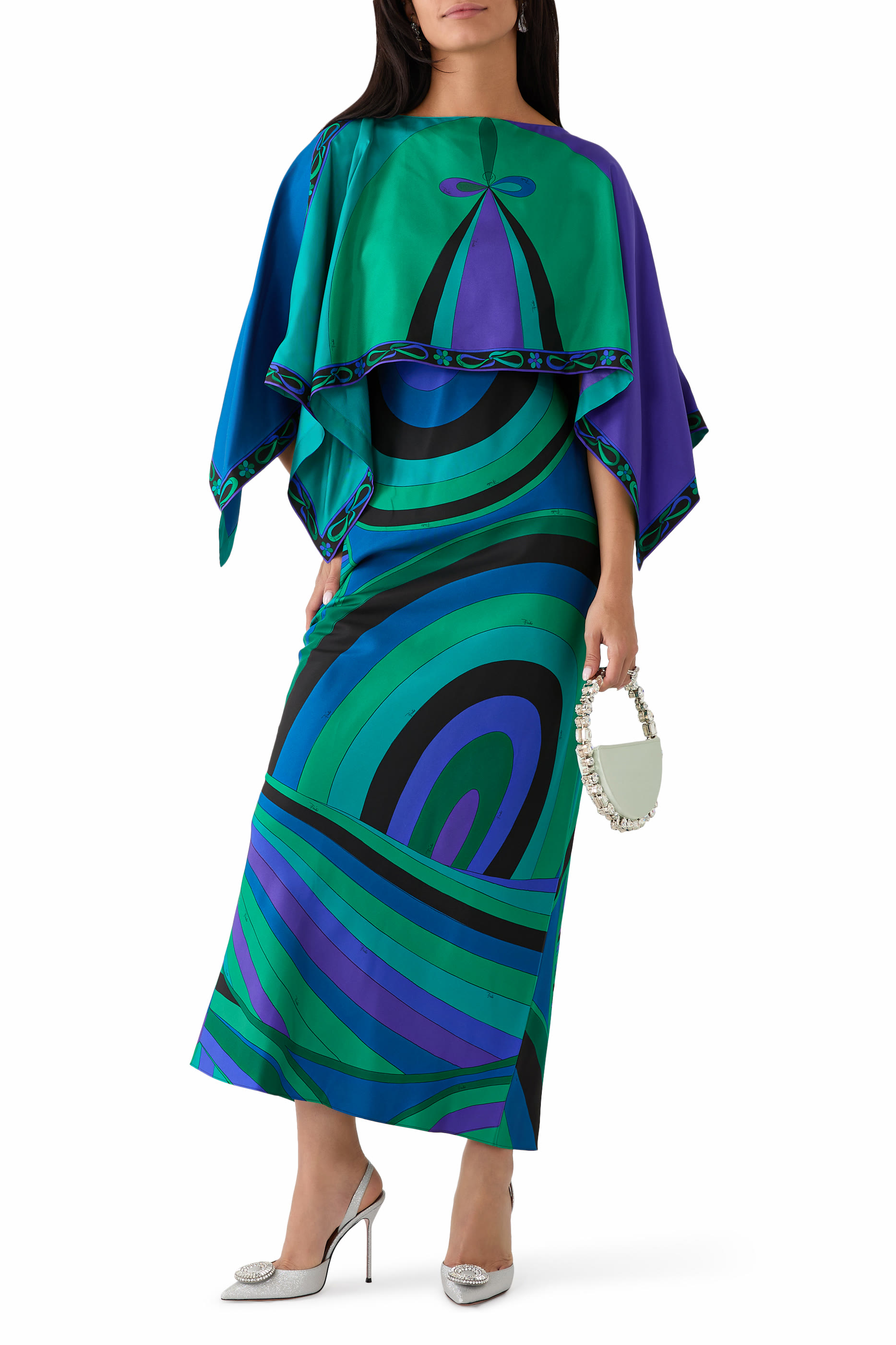 Iride Print Long Dress with Cape
