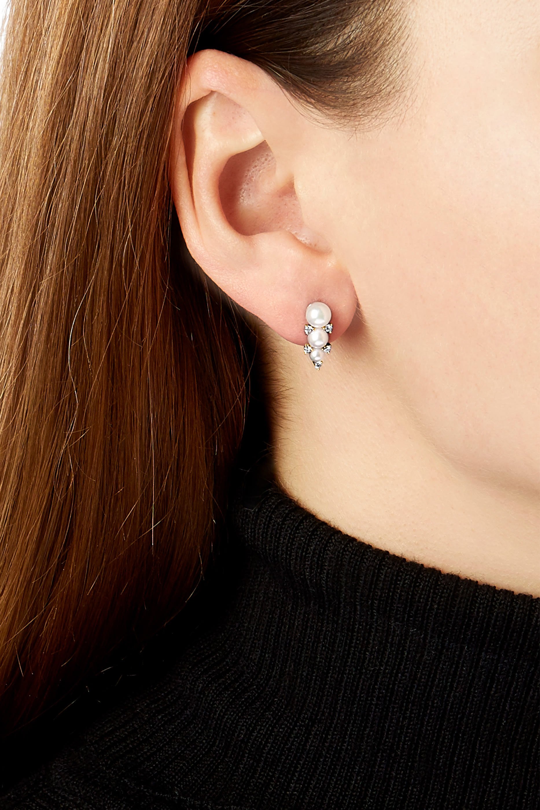 Sleek Stack Earrings, 18k Yellow Gold with Akoya Pearls & Diamonds