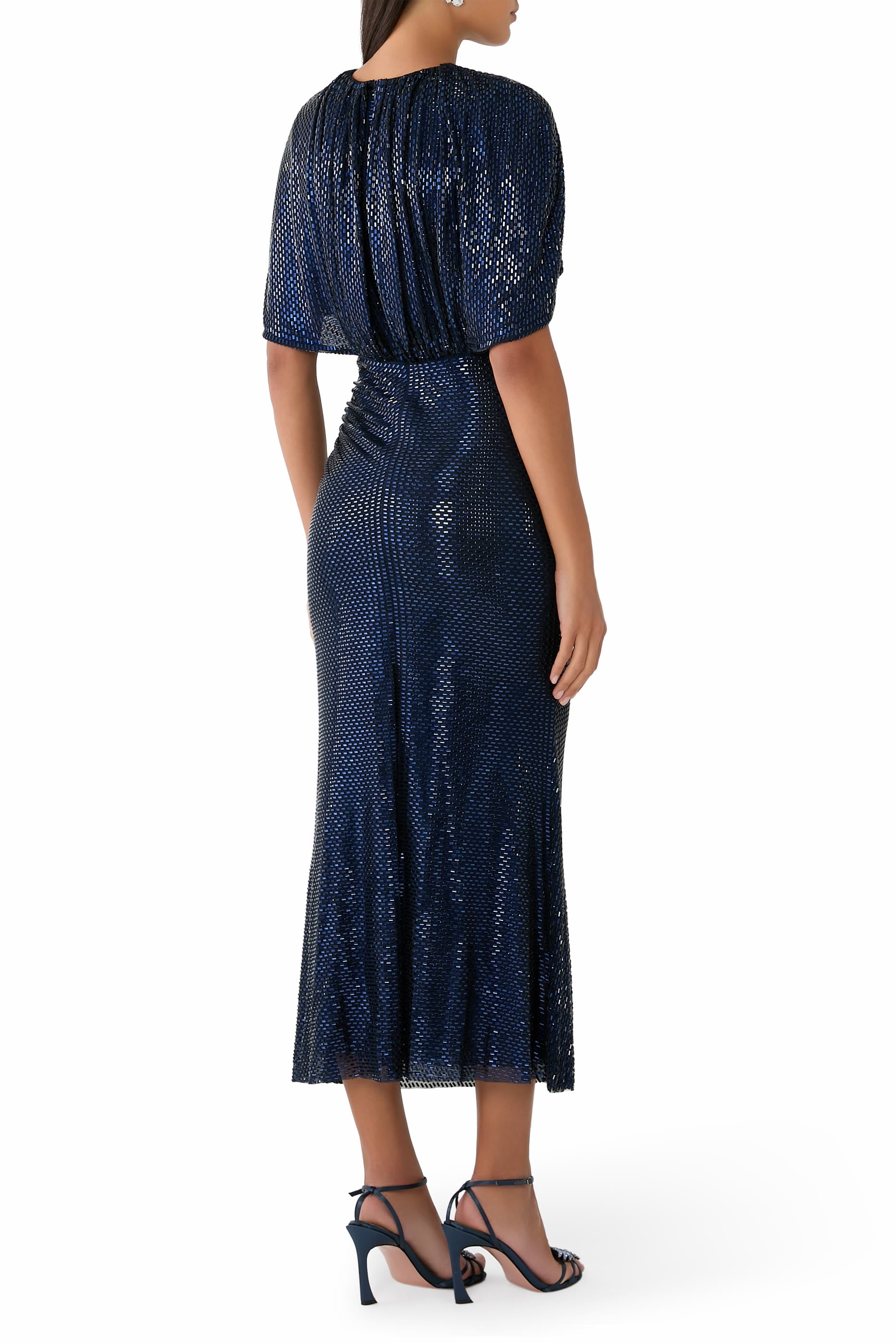 Rhinestone Cape Sleeves Midi Dress