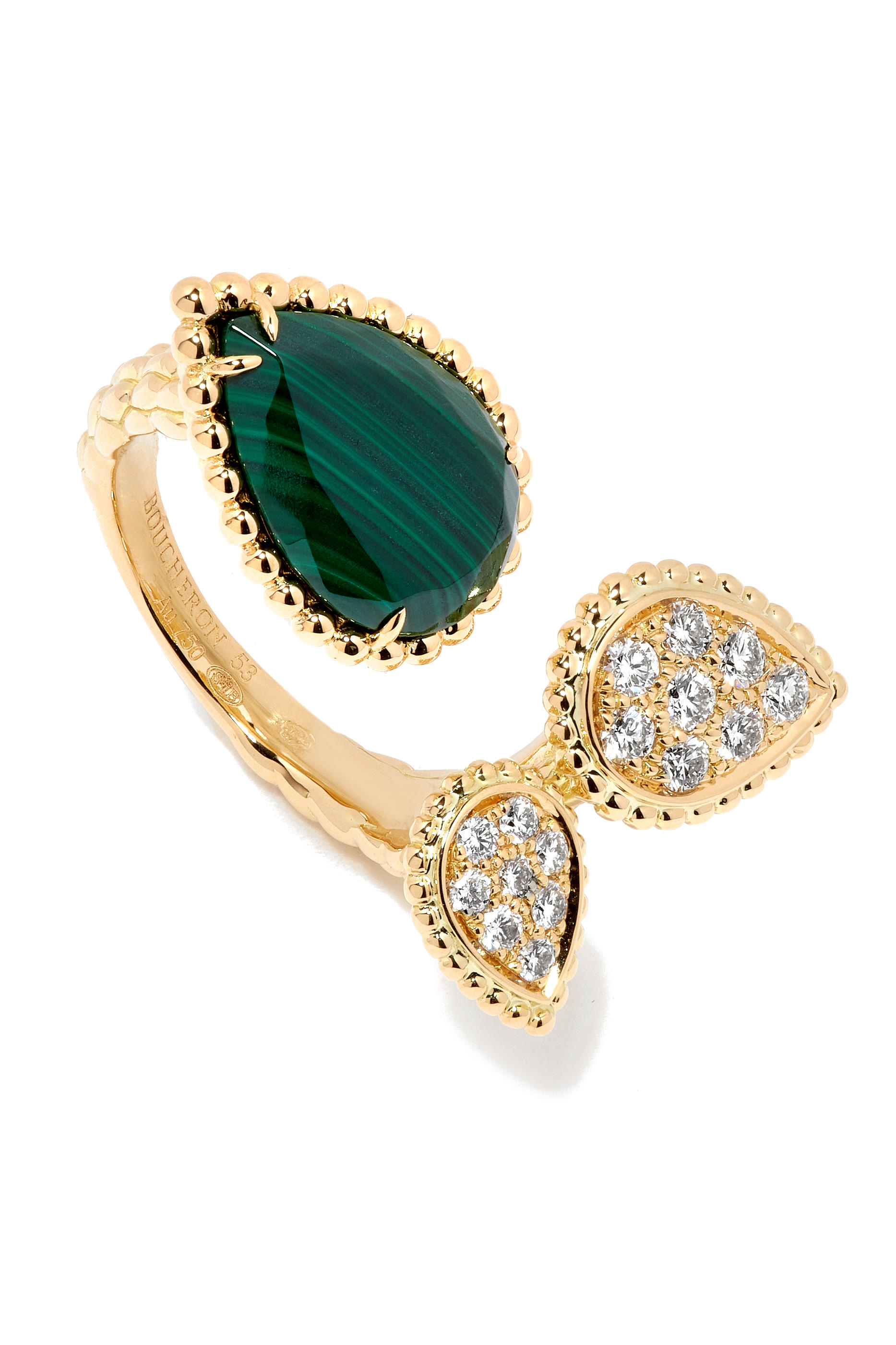 Serpent Boheme 3 Motif Ring, 18k Yellow Gold with Diamonds & Malachite