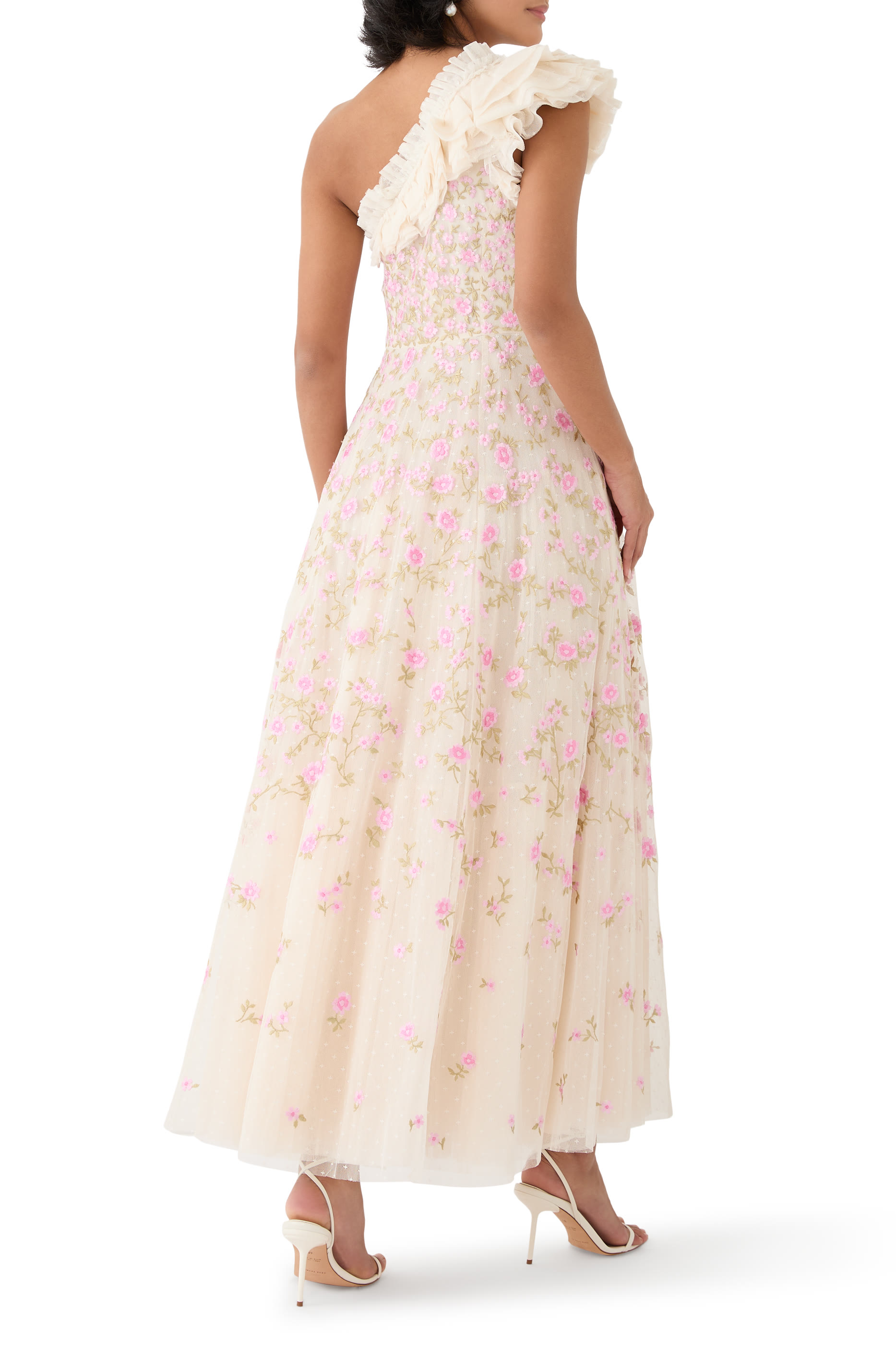 Lea Ditsy One-Shoulder Ankle Gown