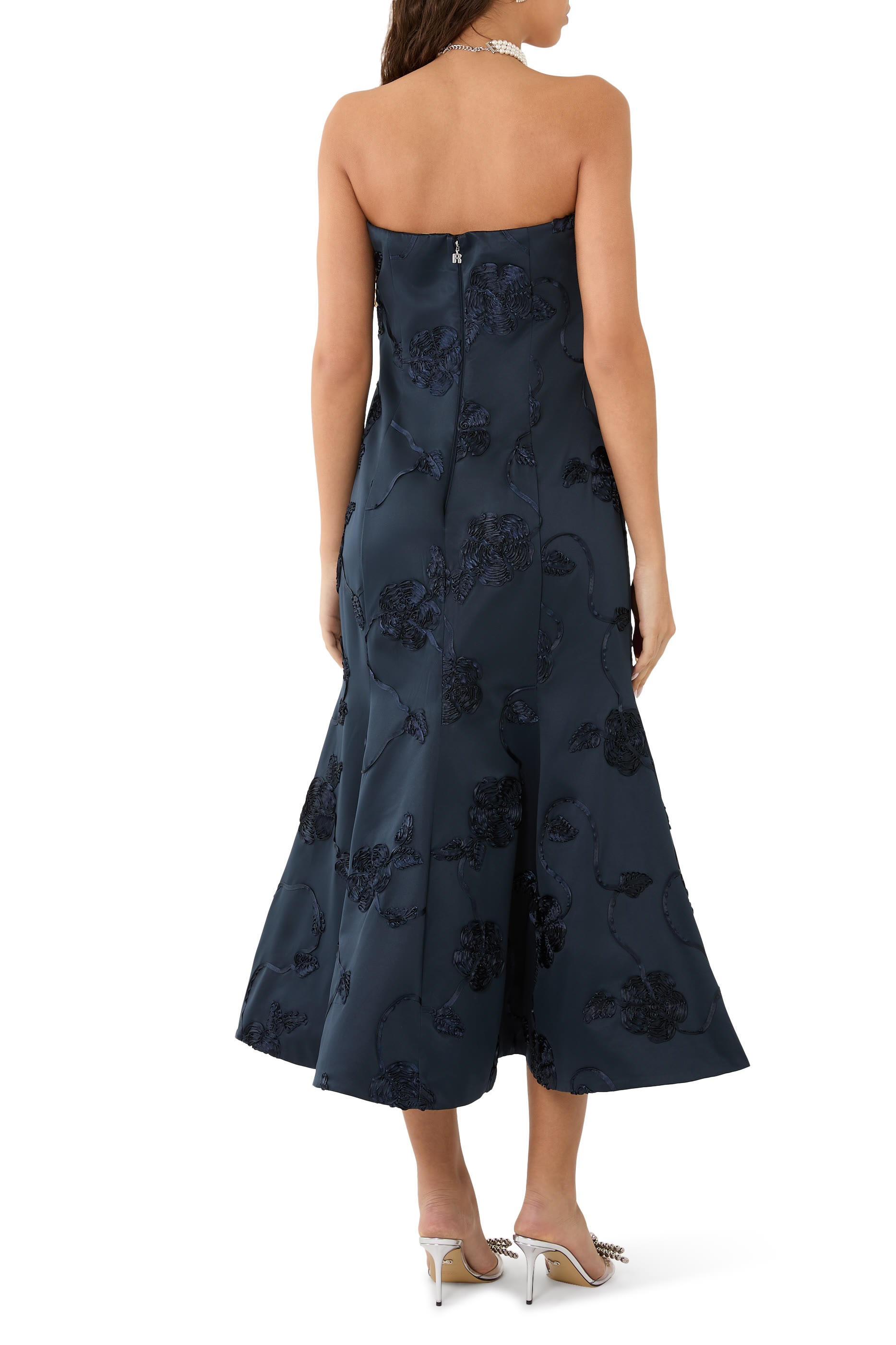 Floral Embroidered Strapless Midi Dress