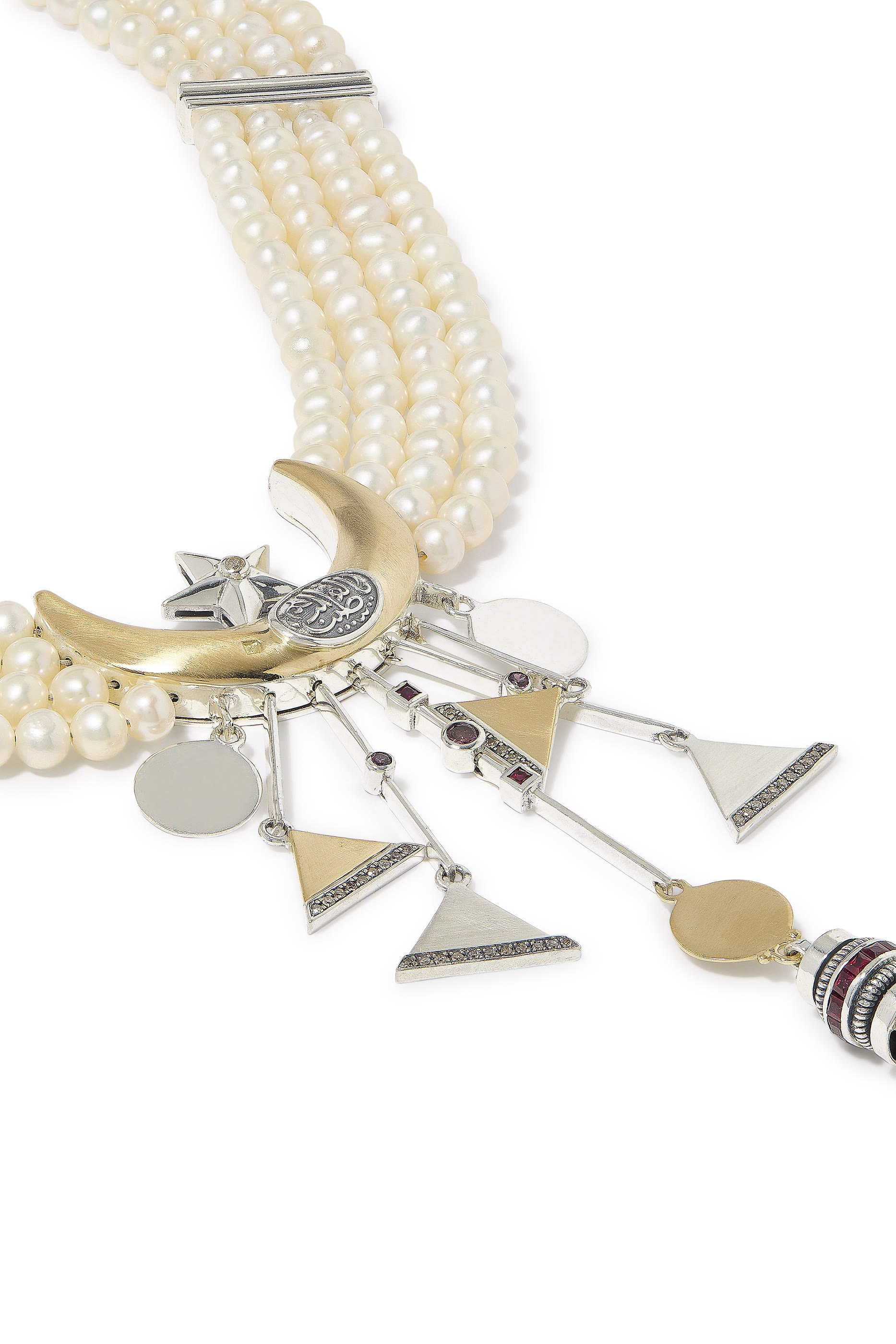 Beaded Crescent Necklace, 18K Gold with Sterling Silver & Pearls