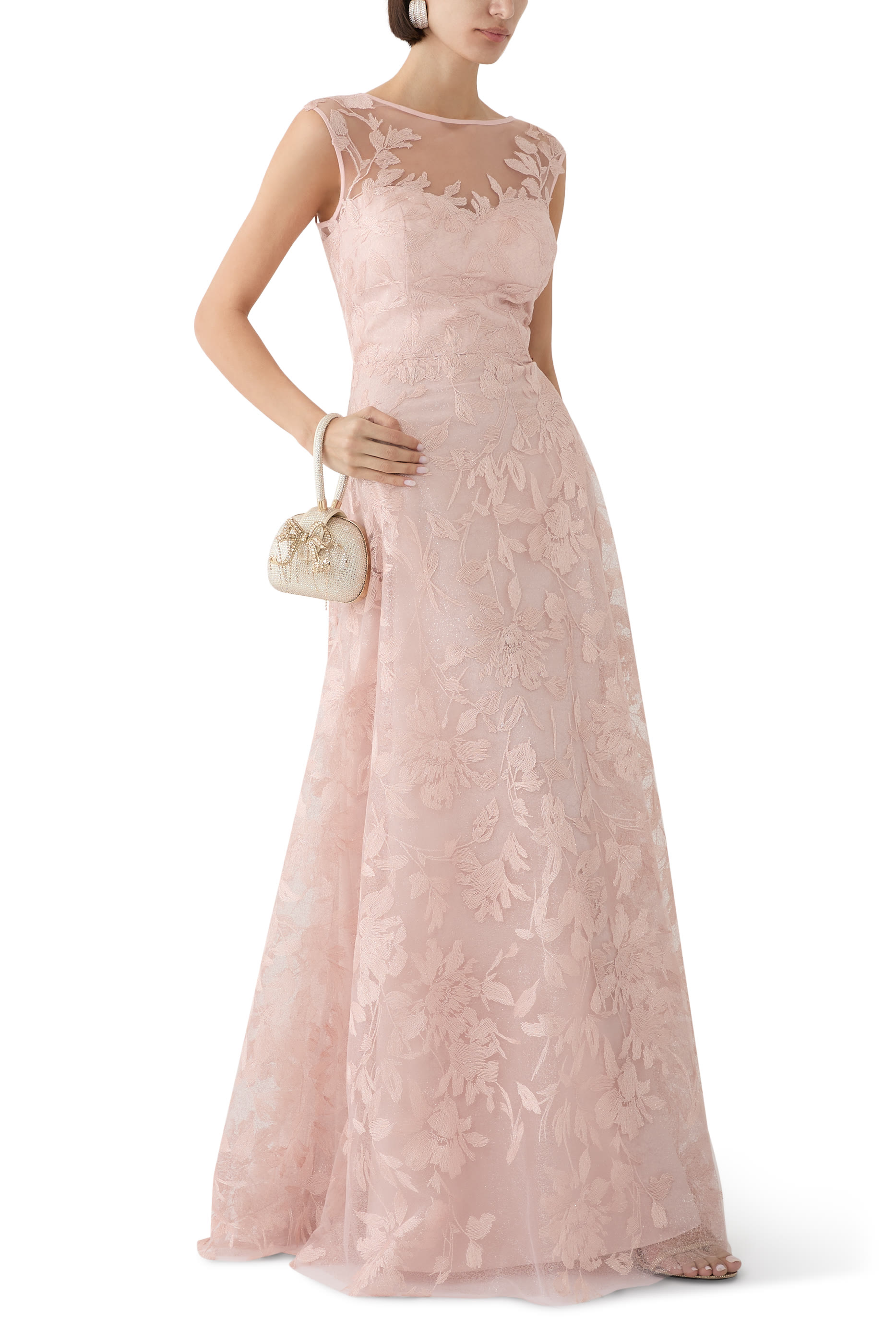 Metallic Tulle Leaf Pattern Gown