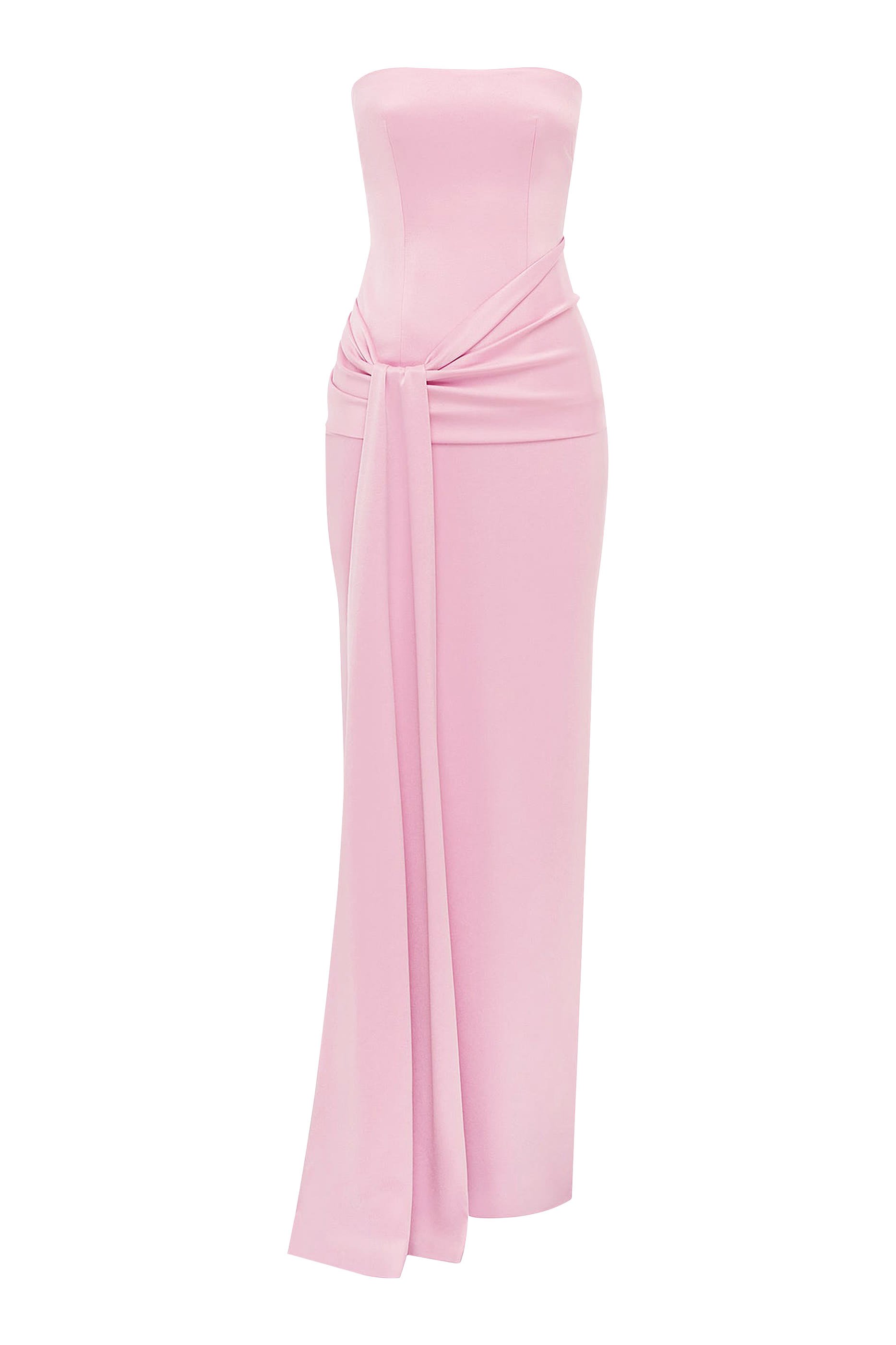  Strapless Sash Drape Column in Satin Crepe