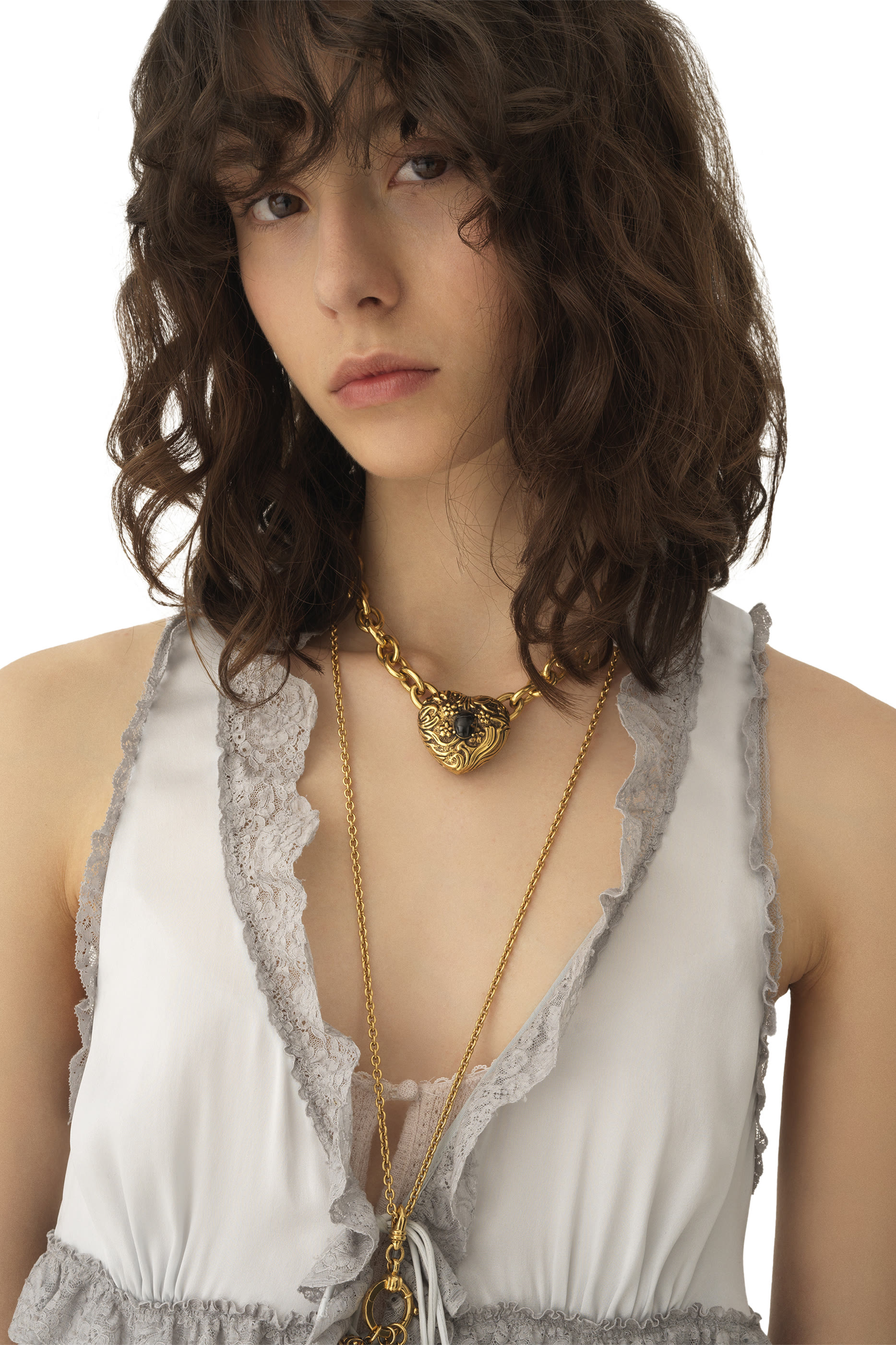  Tie-Front Sleeveless Top in Washed Silk Satin & Lace