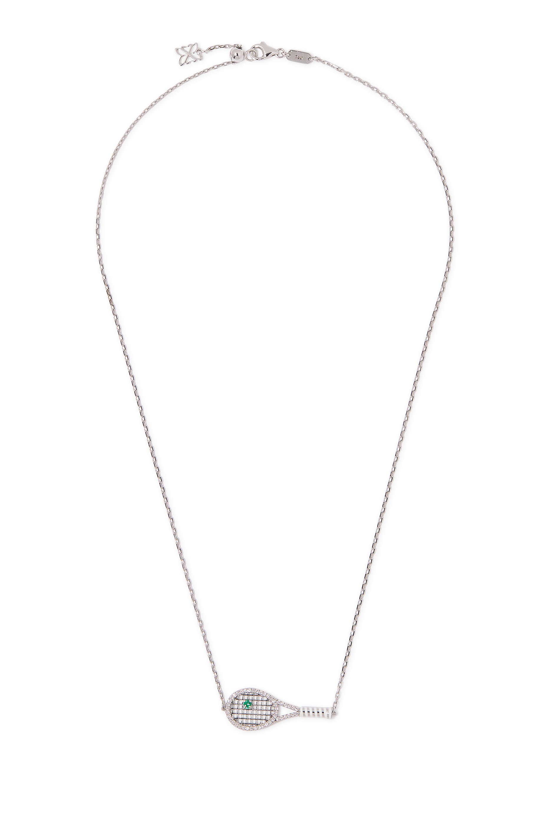 Tennis Racket Necklace, 18K White Gold with Diamonds, Emerald and White Enamel
