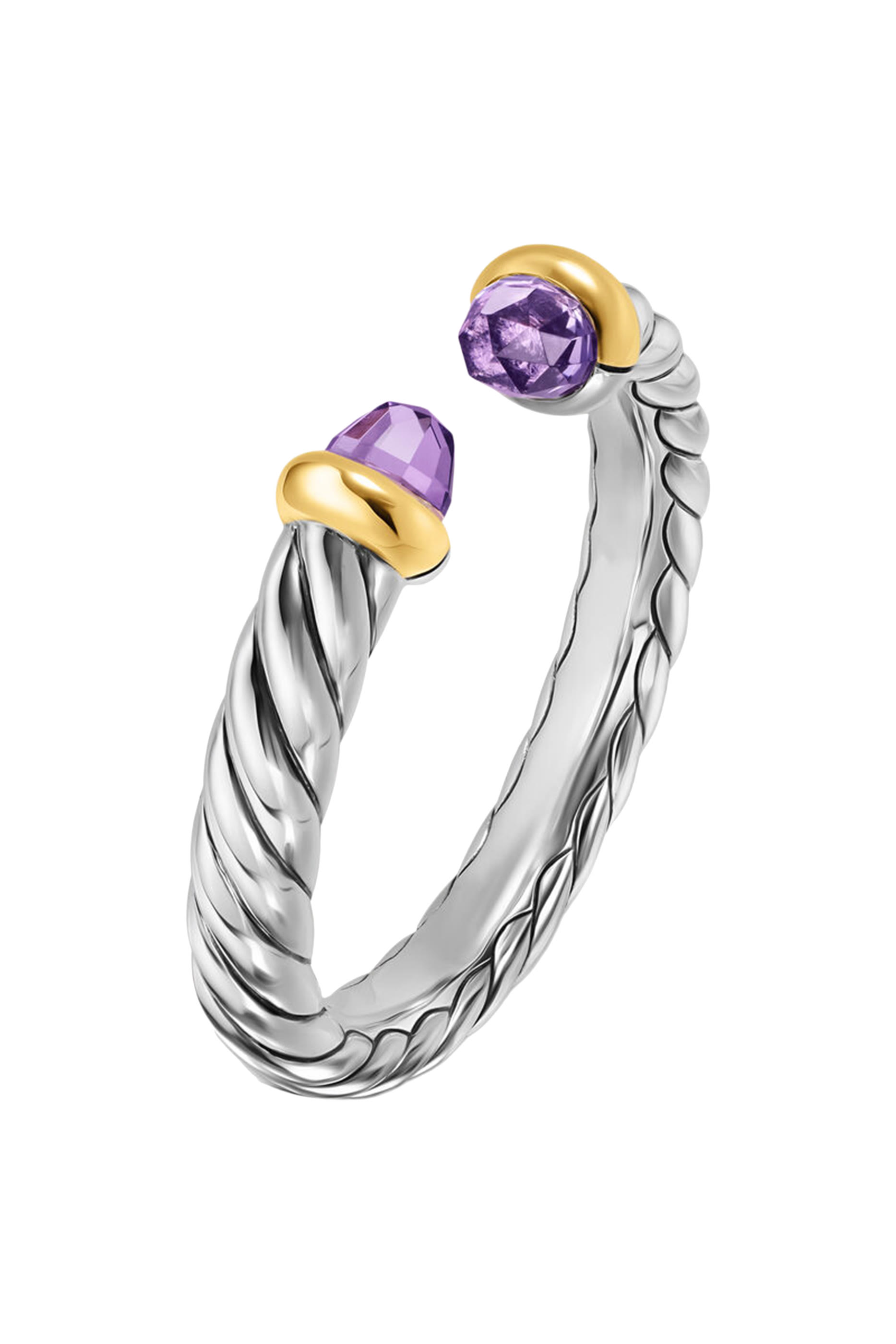 Petite Cable Open Ring, Sterling Silver, 14k Yellow Gold & Amethyst