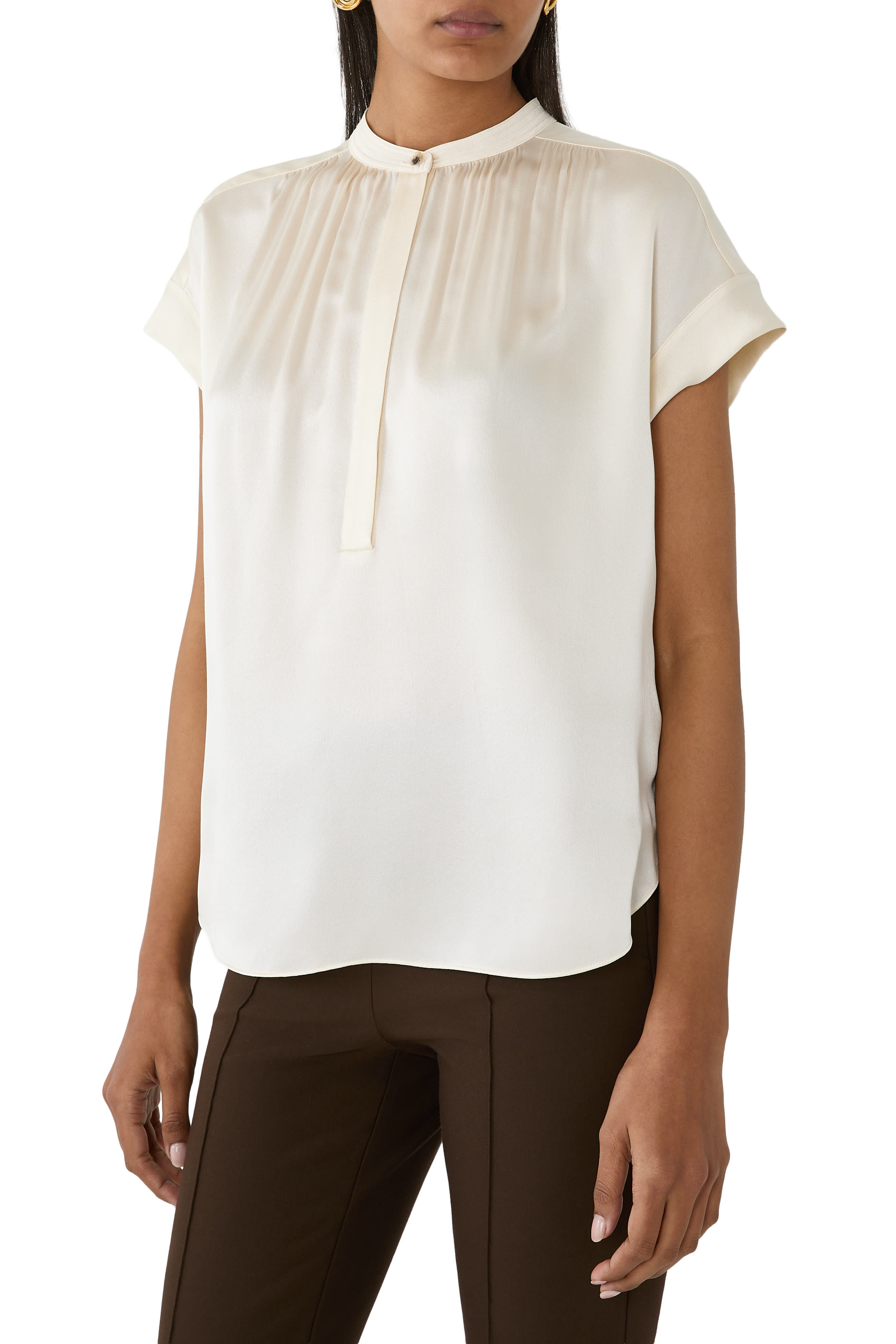 Silk Gathered Cap-Sleeve Blouse 