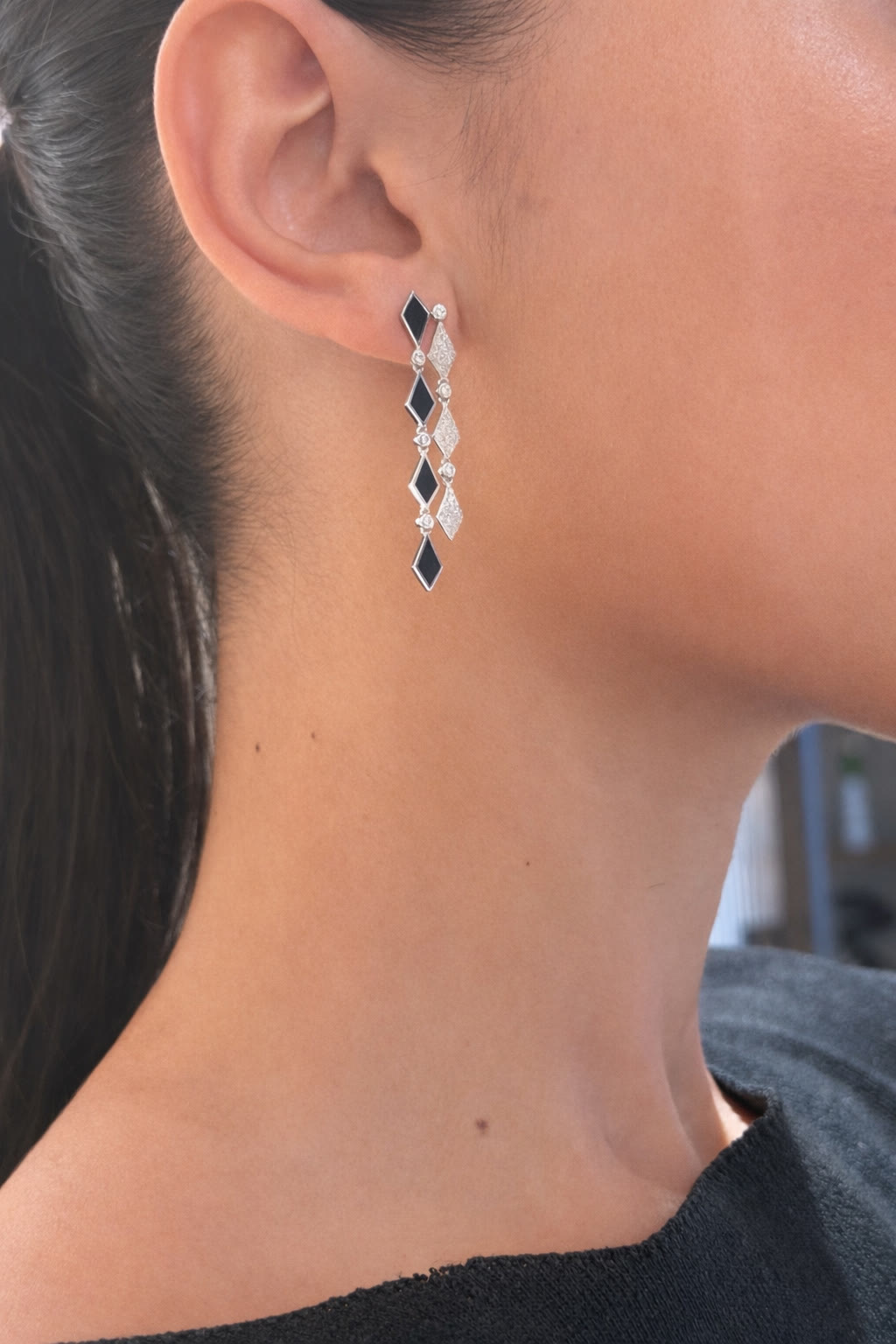 Mosaic Long Earrings, White Gold with Enamel & Diamonds