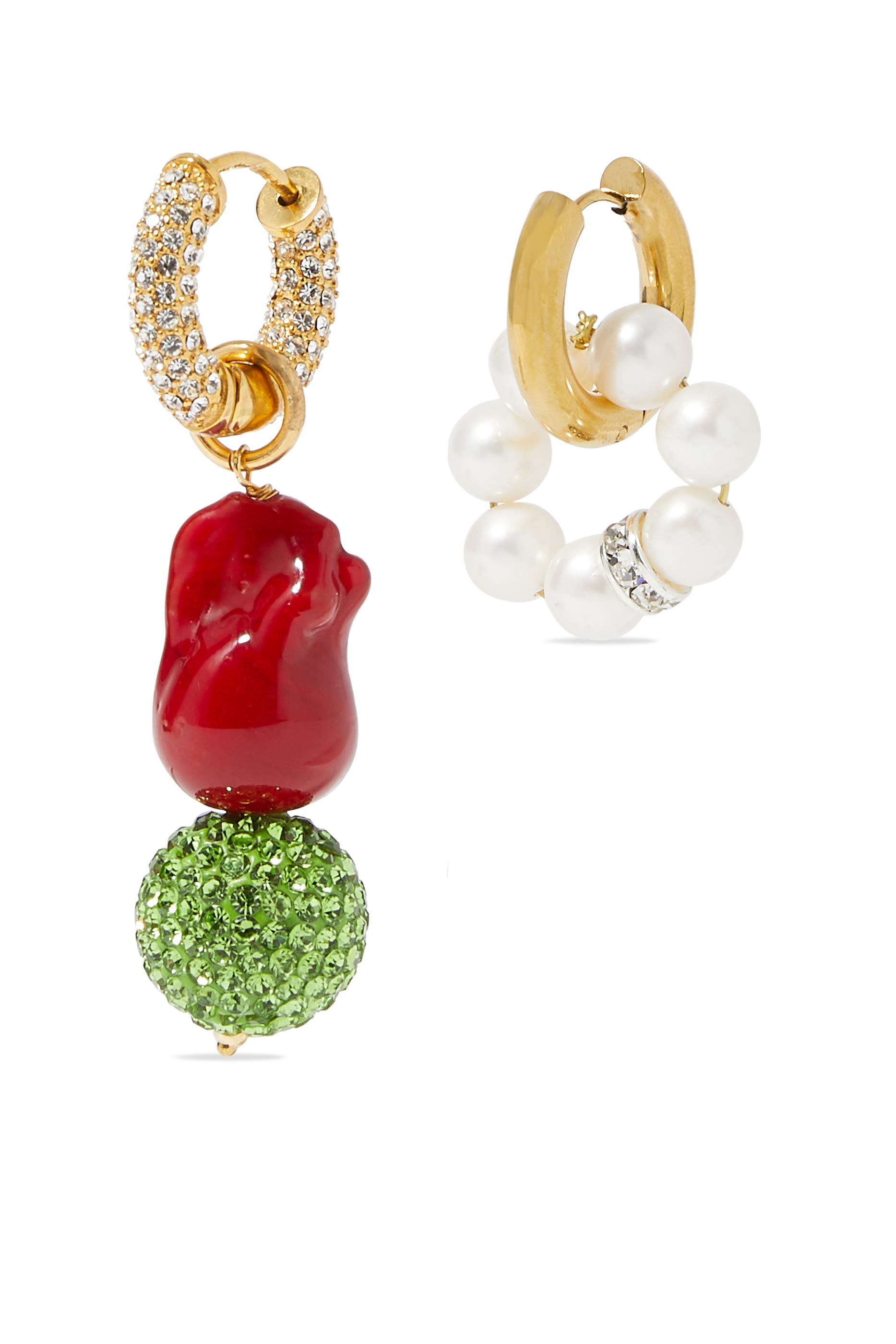 Mix-and-Match Huggie Earrings, 24k Gold-Plated Brass & Pearls