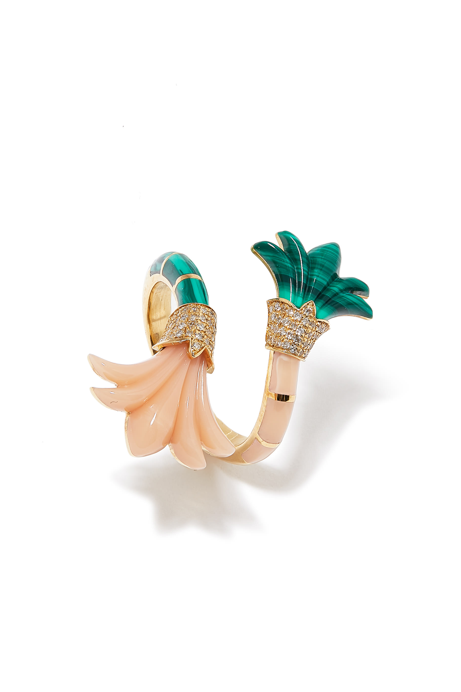 Flower Vine Ring, 18k Yellow Gold with Diamonds & Malachite