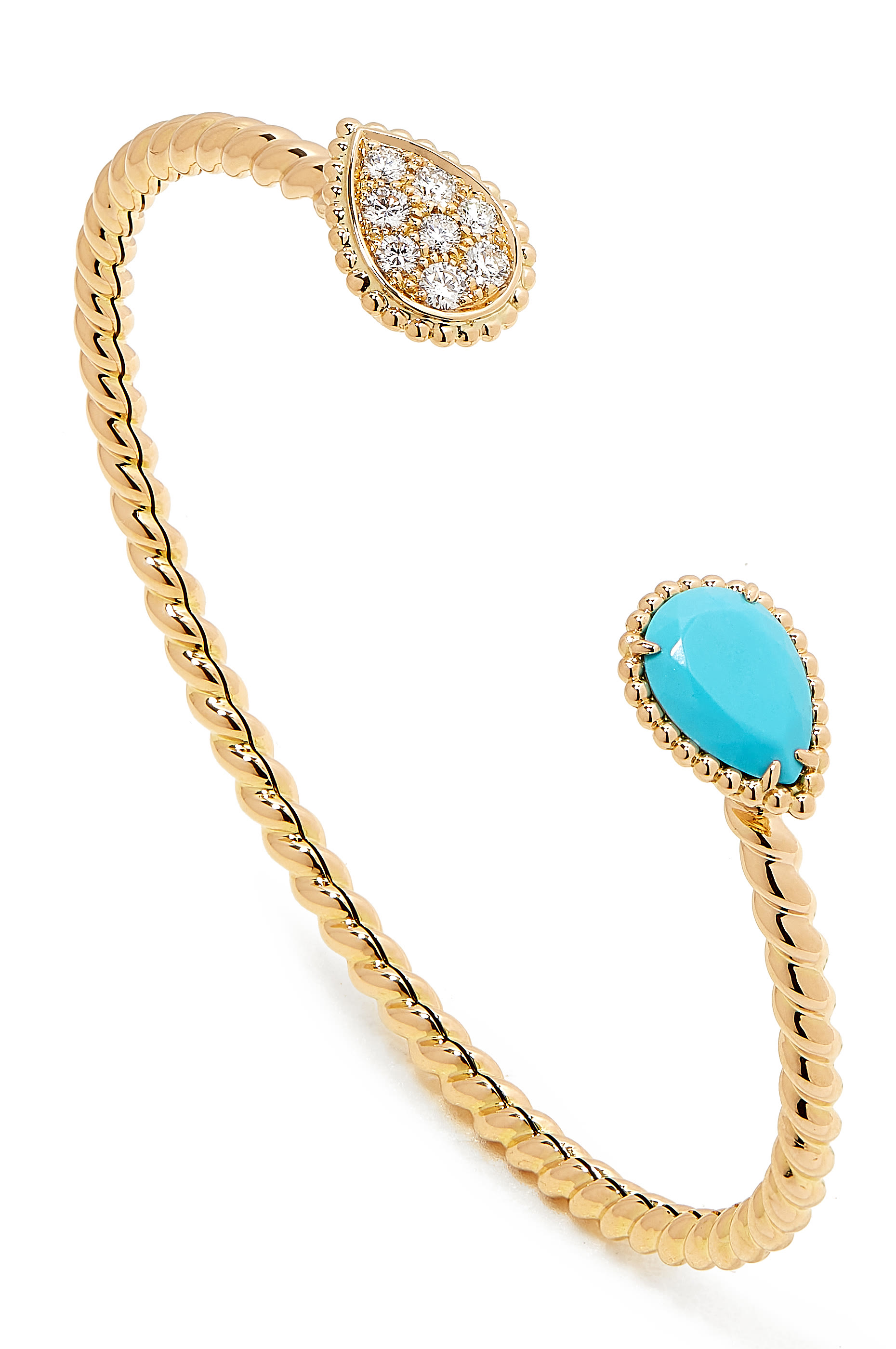 Serpent Boh&egrave;me double motif bracelet, set with a turquoise, paved with diamonds, in yellow gold