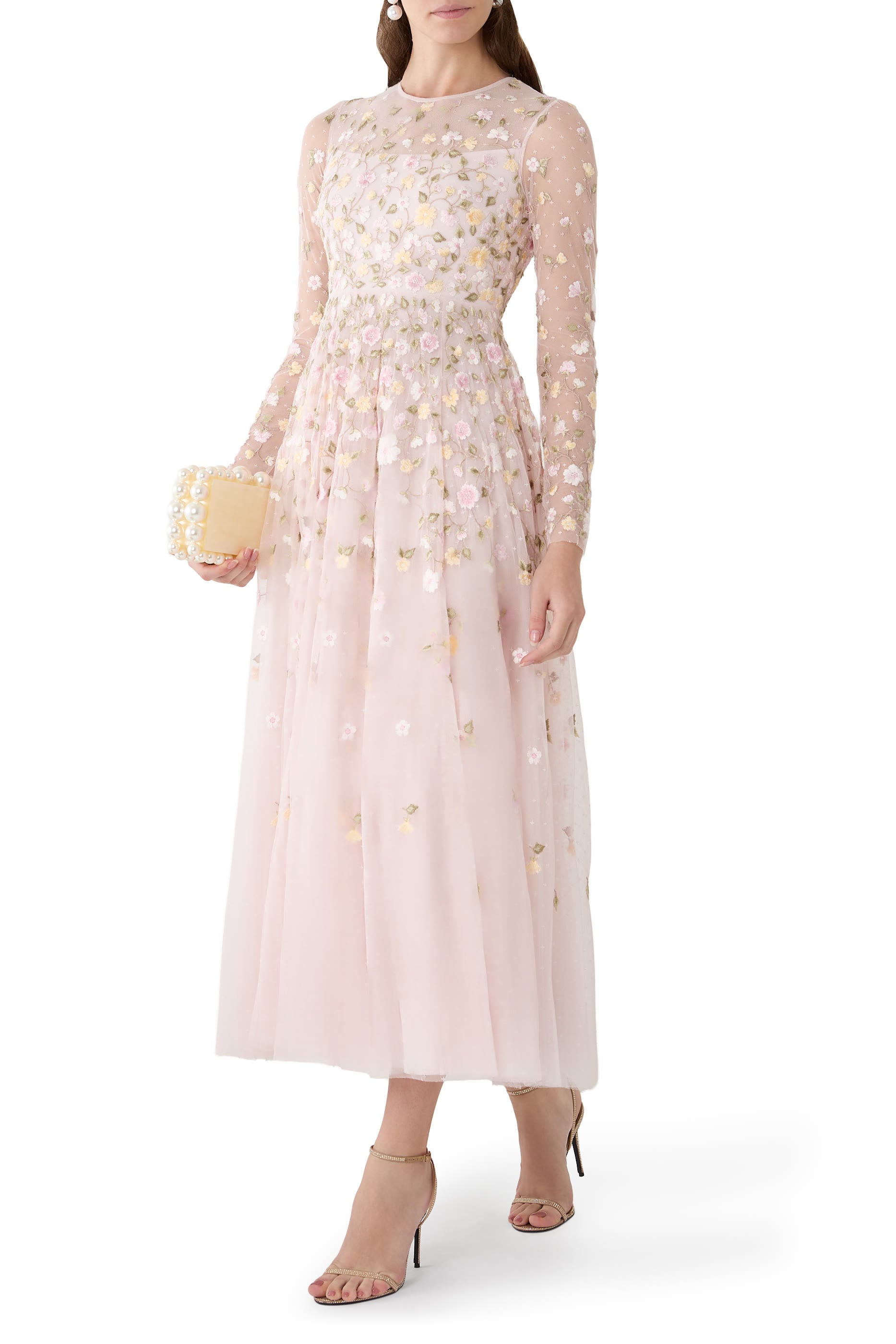 Trailing Roses Long Sleeves Ankle Gown