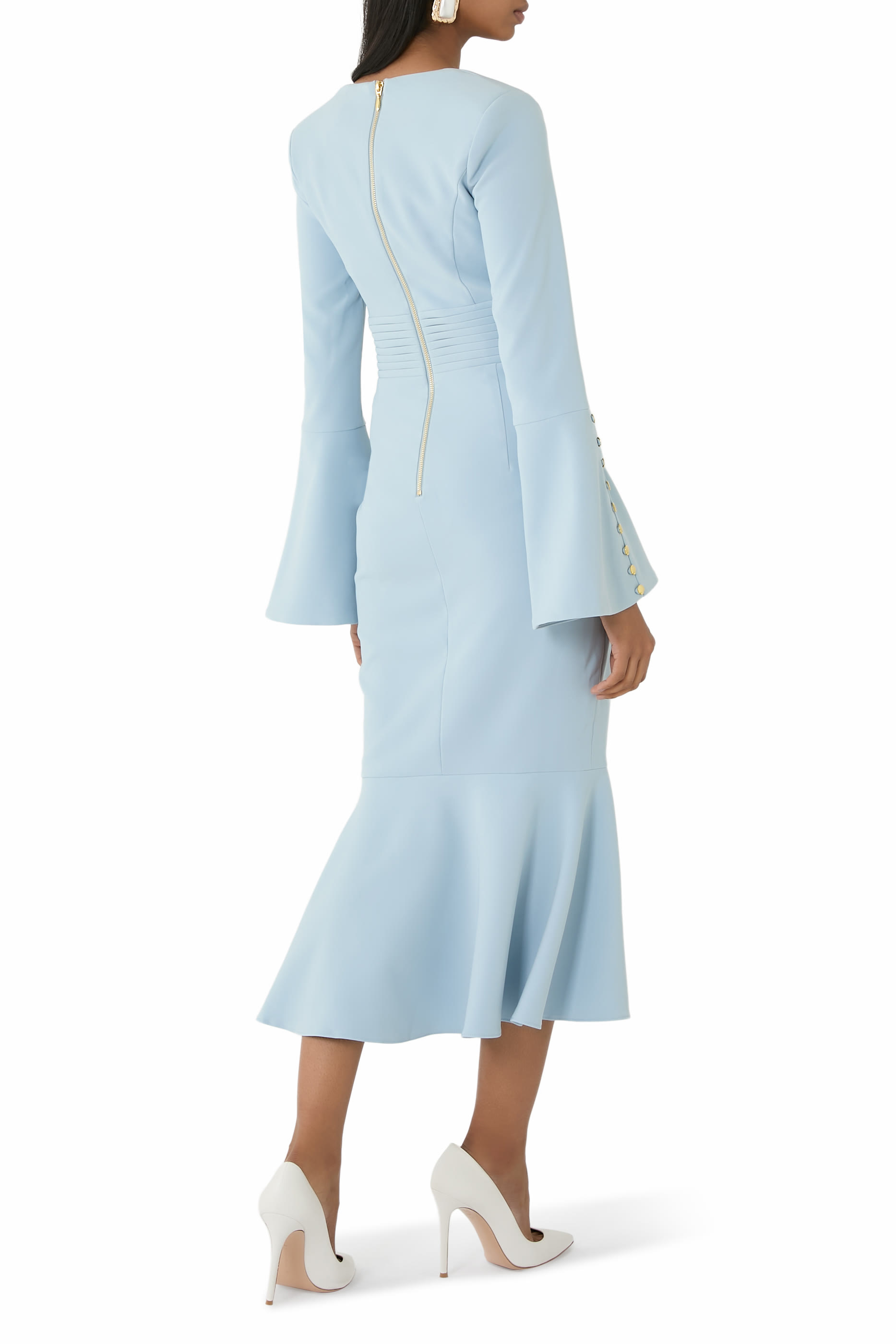 Serena Fluted Sleeves Micro Shell Button Midi Dress