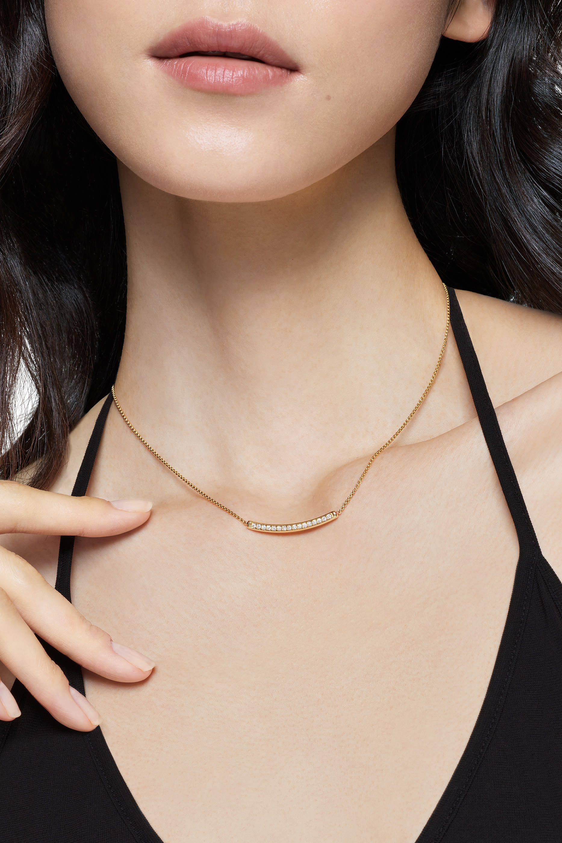 Petite Pave Bar Necklace, 18K Yellow Gold & Diamonds