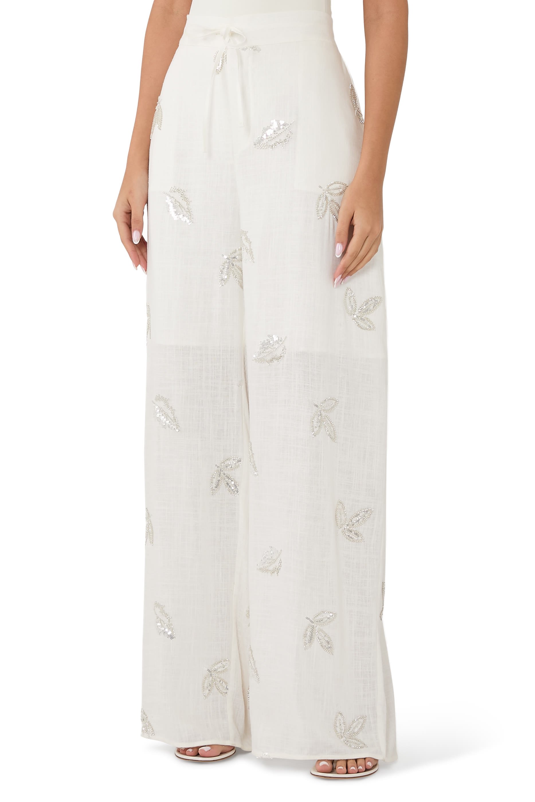 Embroidered Sequins Loose Linen Pajama Pants