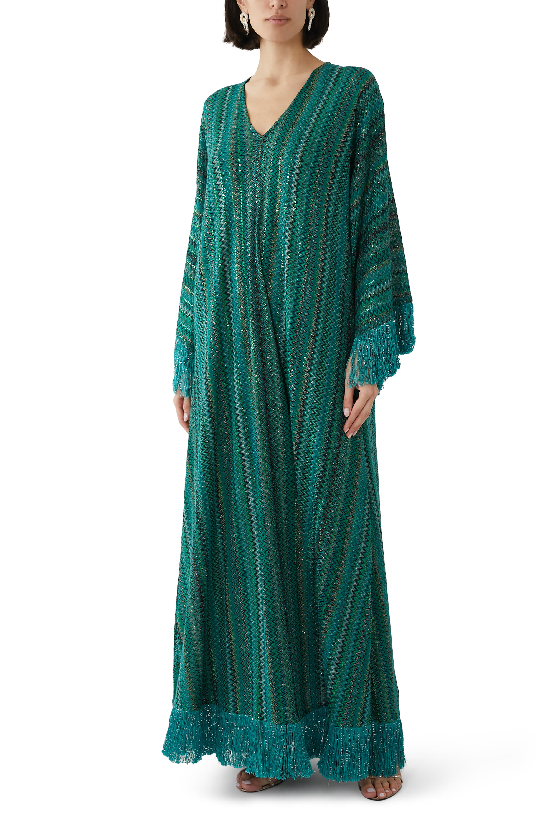 Exclusive Chevron Raschel Sequinned Fringed Scarf Maxi Kaftan