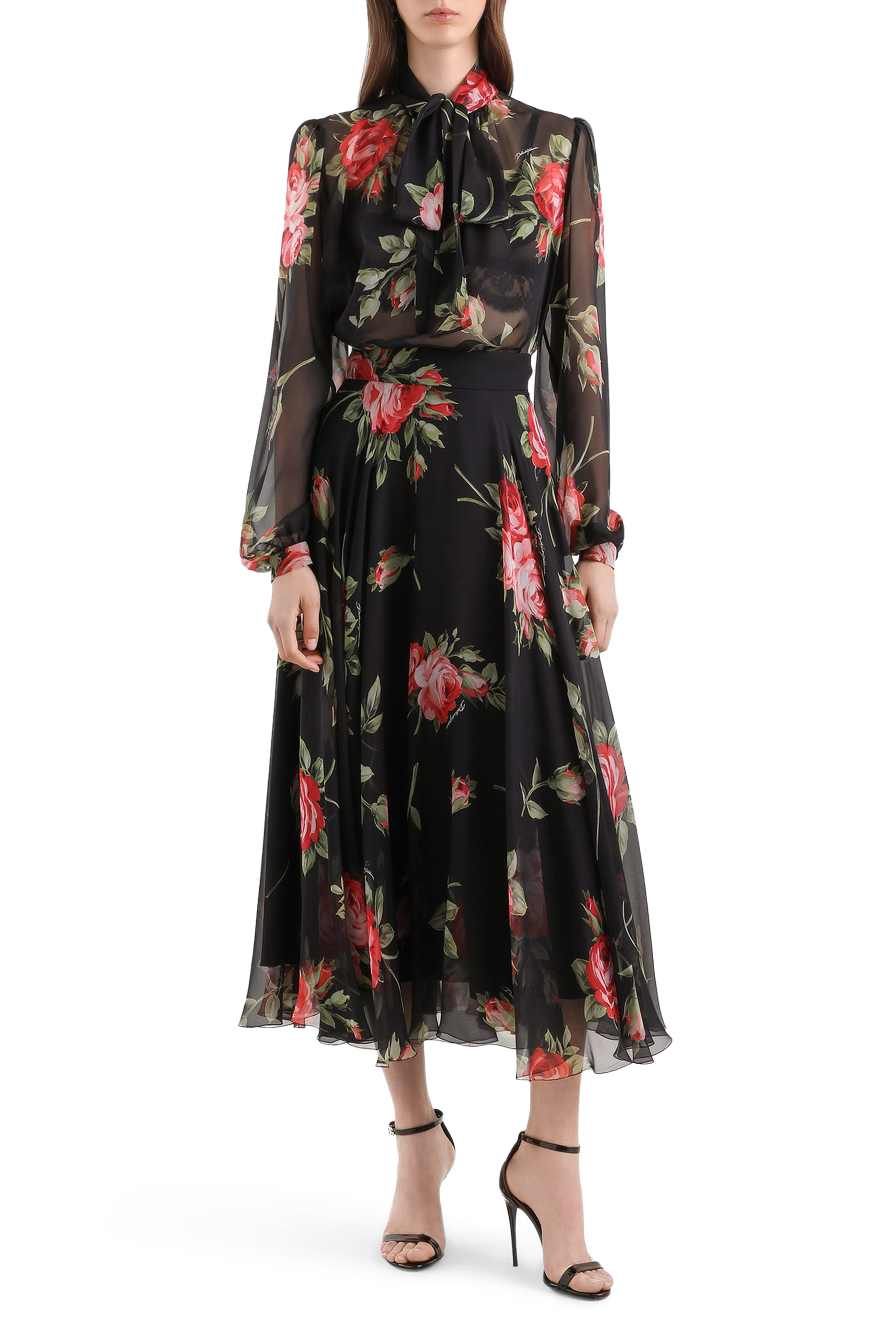 Rose Bouquet-Print Chiffon Top