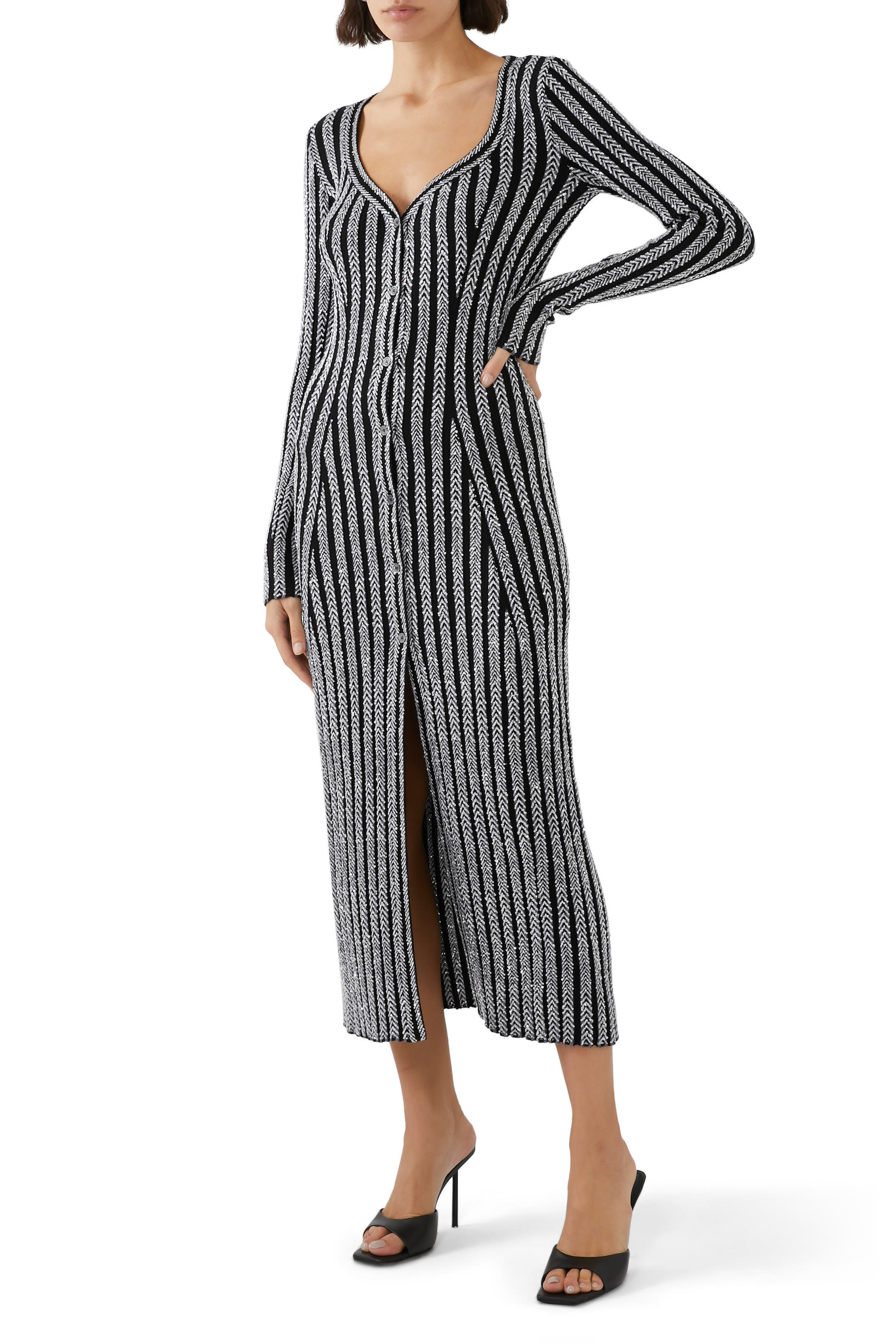 Solid Partialized Sequinned Knit Maxi Cardigan