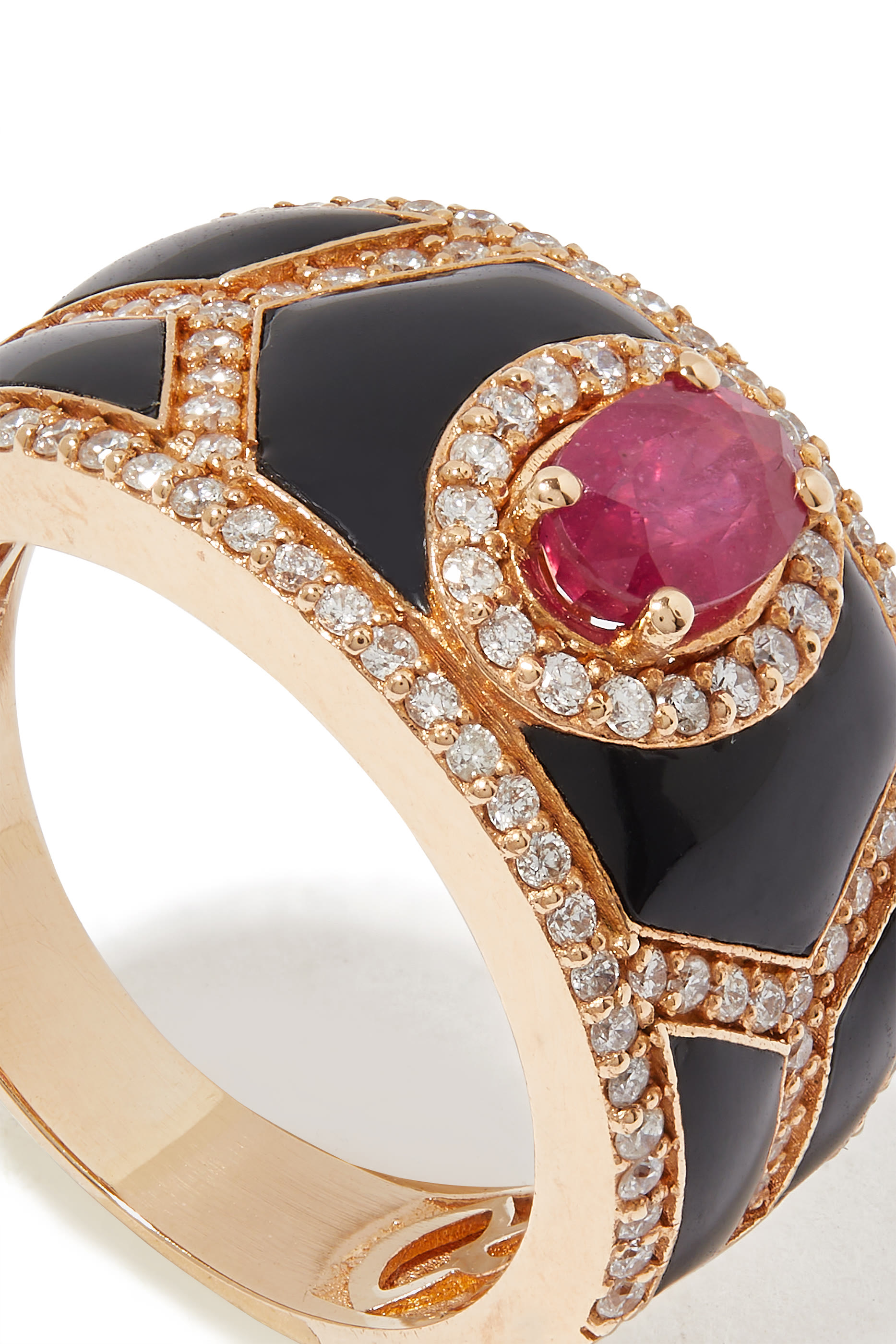 Shield Ring, 18k Rose Gold with Enamel, Diamonds & Ruby