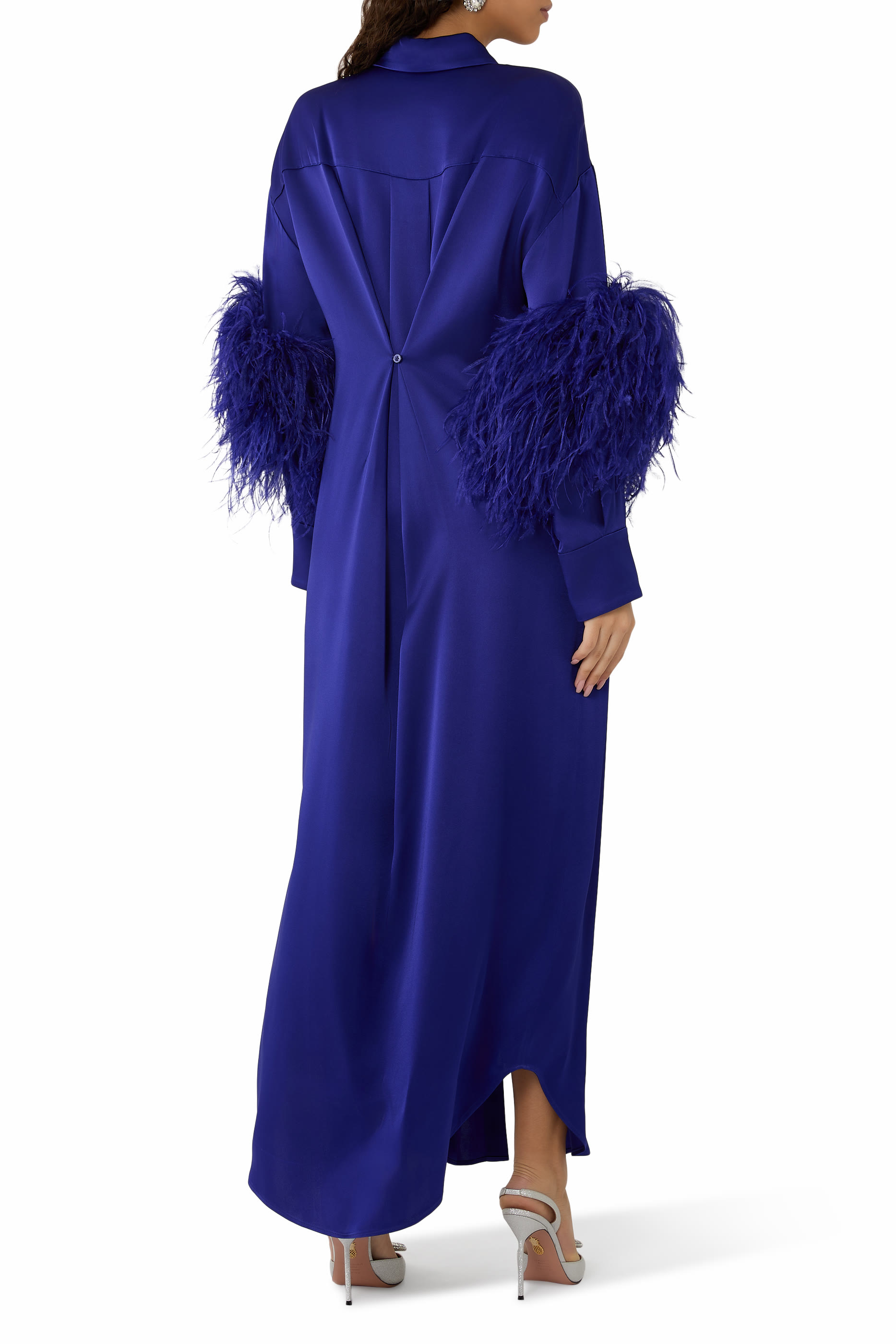 Satin Long Button Down Dress with Feathers