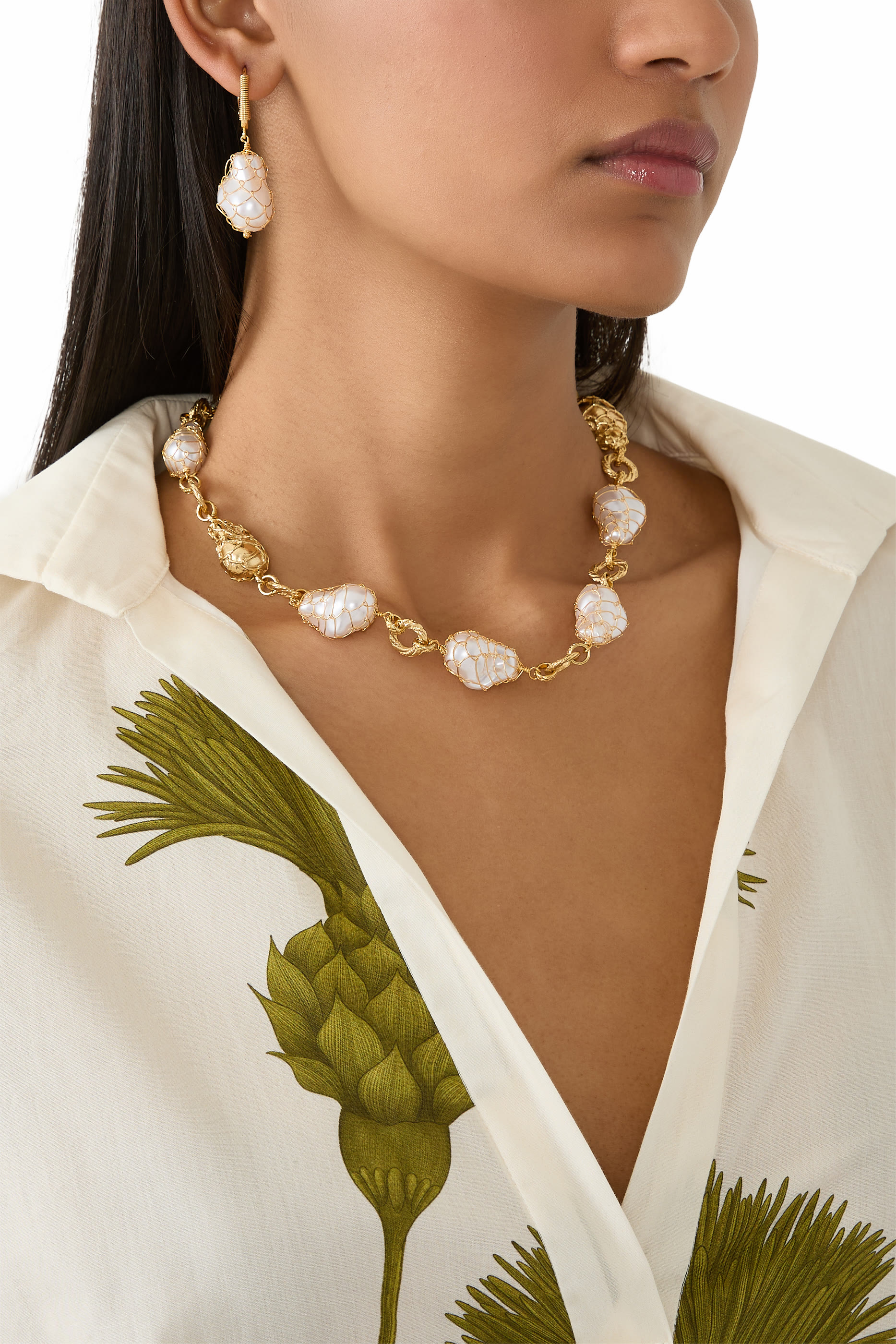  Rainbow Biwa Bis Necklace, Gold-Plated Metal & Pearls 