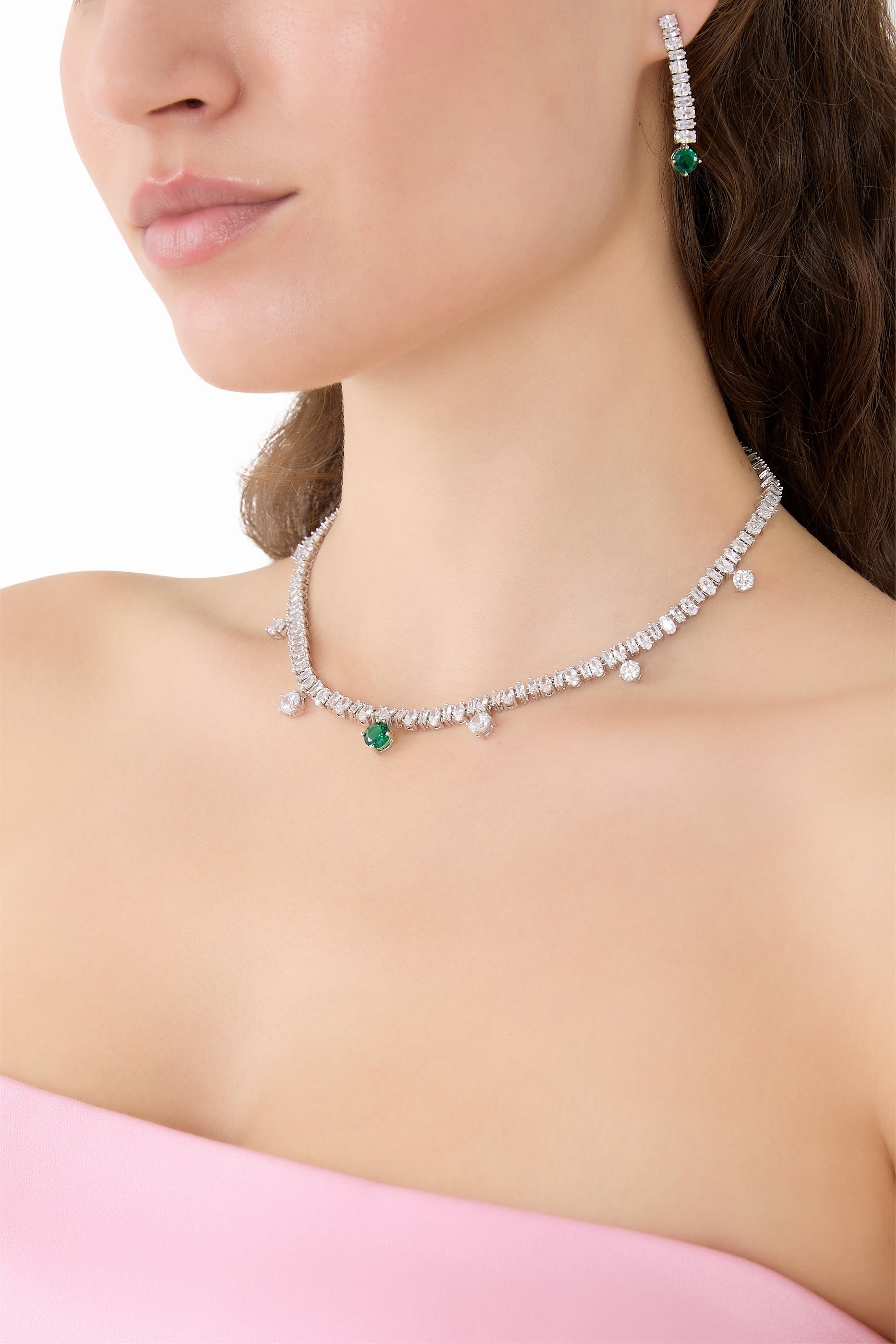 Emerald Drop CZ Tennis Necklace,  Rhodium-Plated Brass & Cubic Zirconia