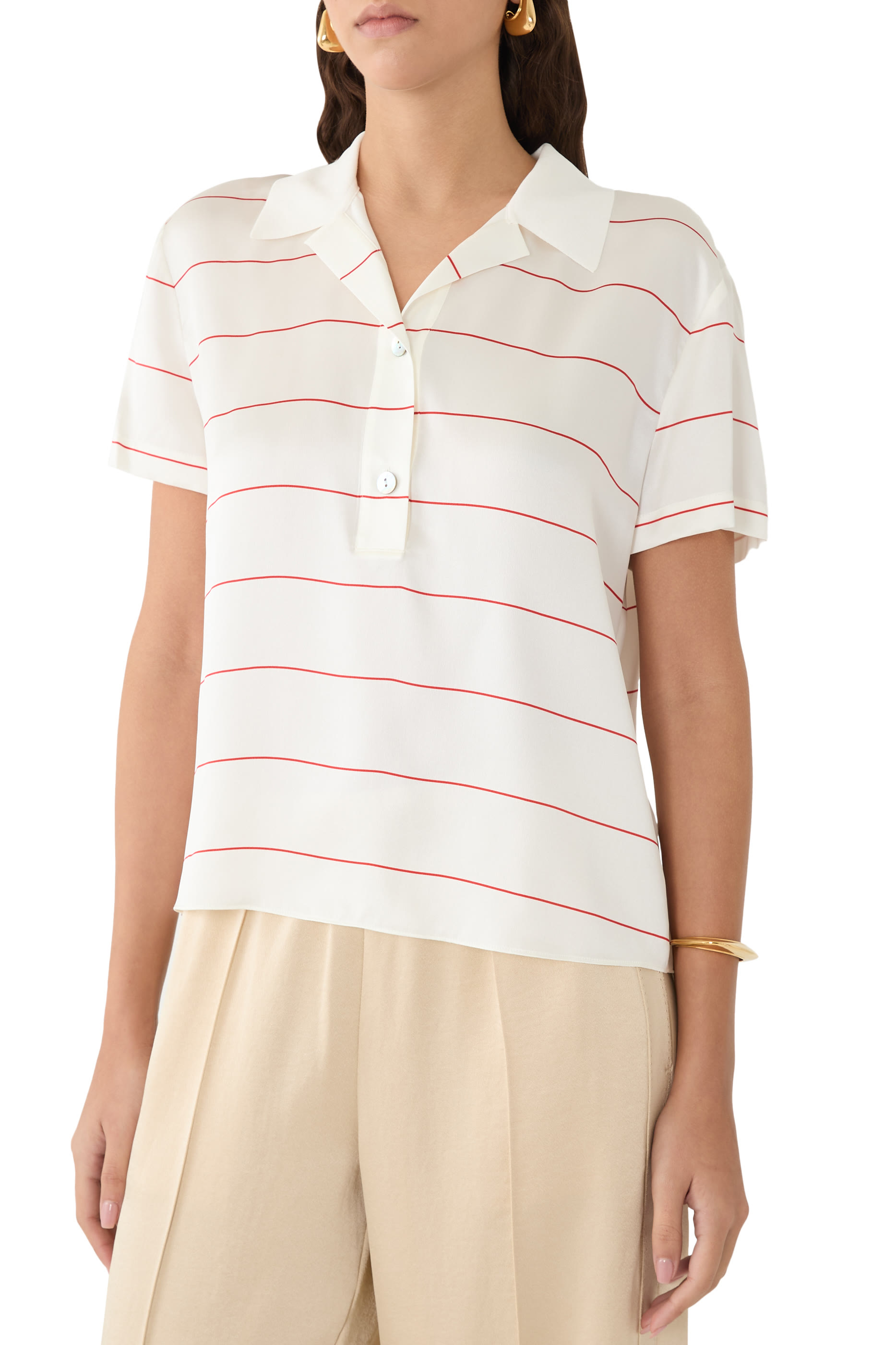 Knit-Collar Striped Silk Polo Shirt